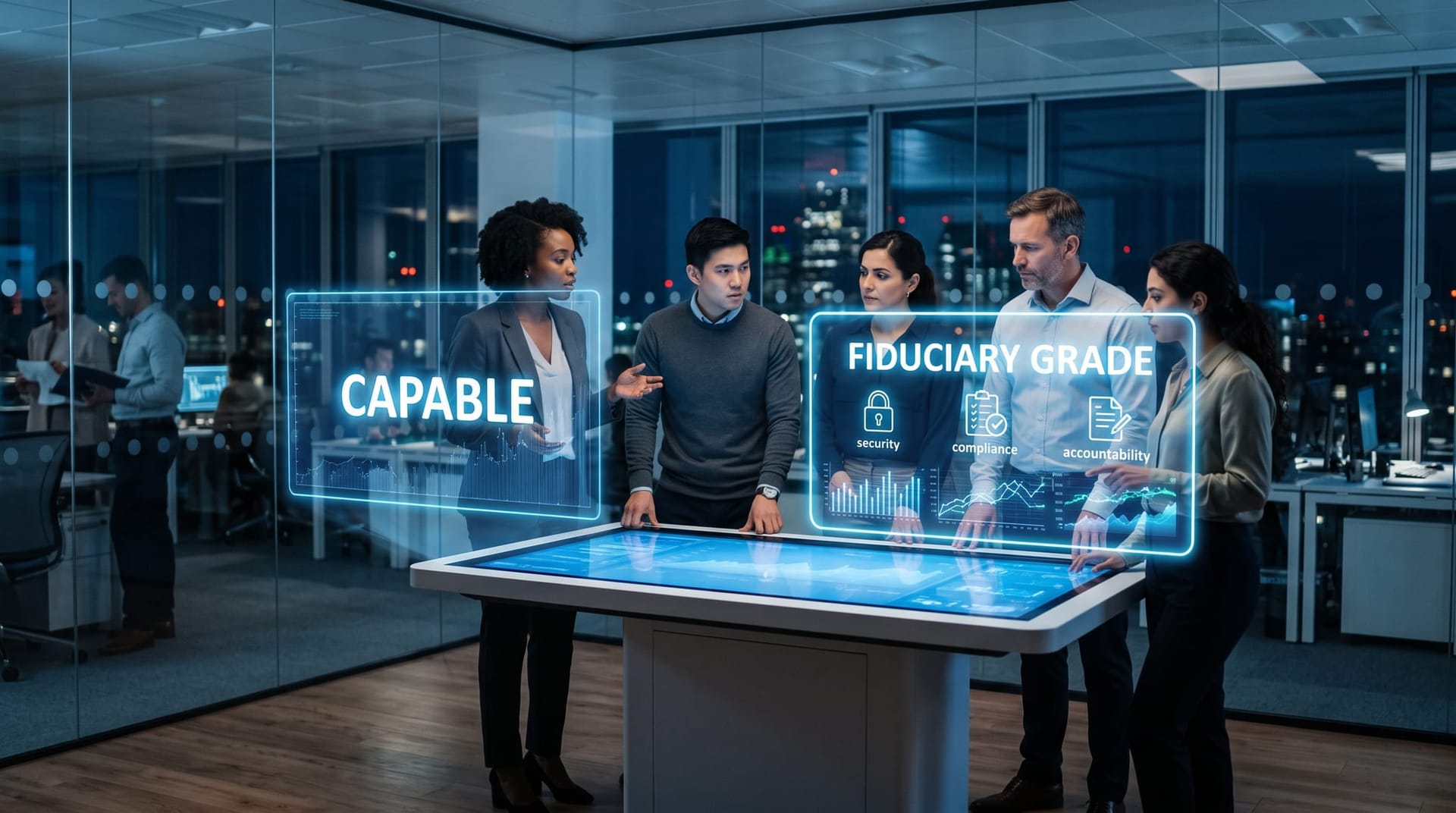 Diverse team comparing two holographic AI agent profiles side by side, one labeled capable and one fiduciary-grade with authorization and audit controls