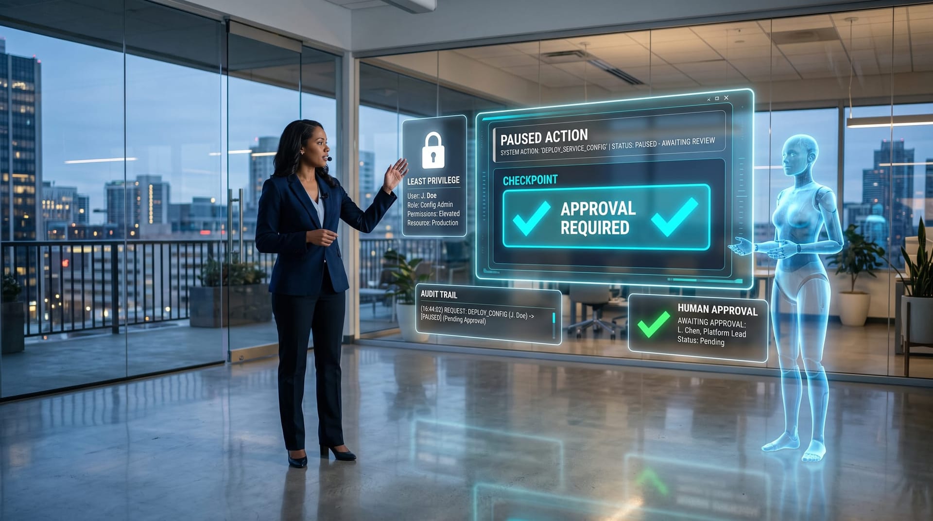 Presenter pausing a holographic AI action at a human approval checkpoint with audit-trail and least-privilege panels for fiduciary-grade AI governance