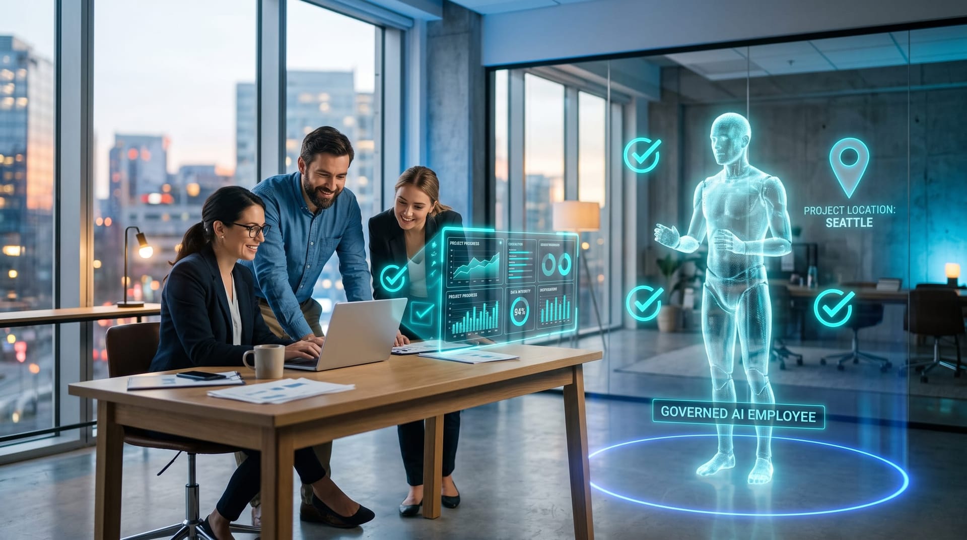 Small Northeast Indiana business team reviewing a governed AI Employee dashboard with loyalty and accountability indicators in a modern office
