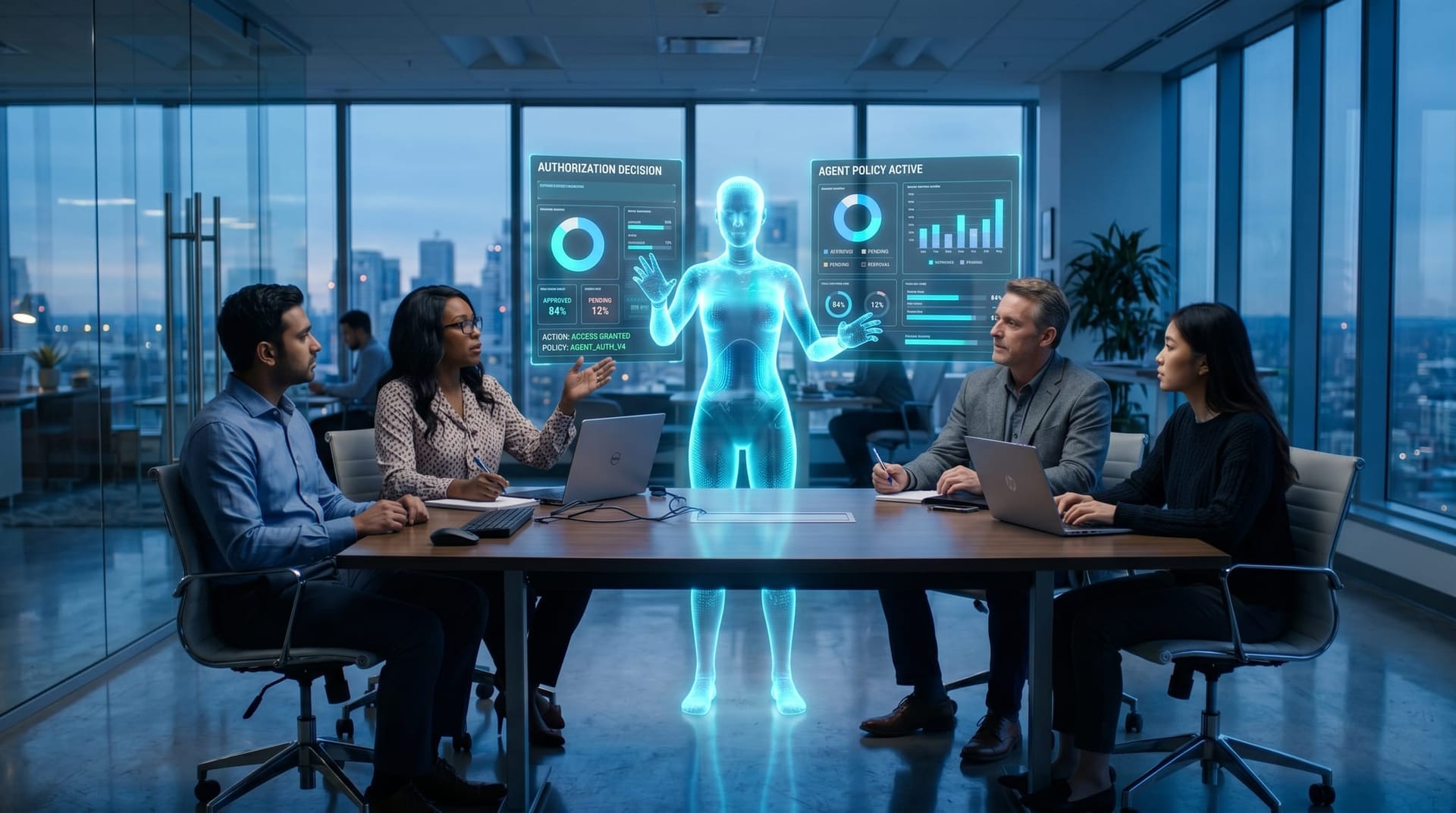 A Northeast Indiana mid-market IT team in a glass-walled office reviewing a translucent cyan holographic AI Employee figure as floating dashboard panels show per-action authorization decisions across ERP, EHR, and CRM systems.