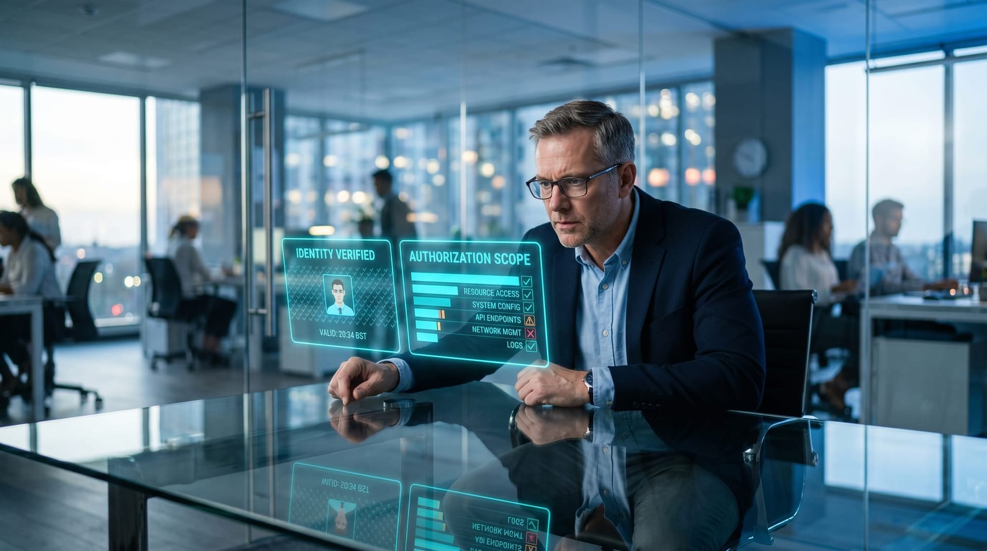 Side-by-side comparison of identity verification and authorization decision shown as two floating cyan holographic panels in a modern conference room with a Fort Wayne IT director leaning in to inspect them.