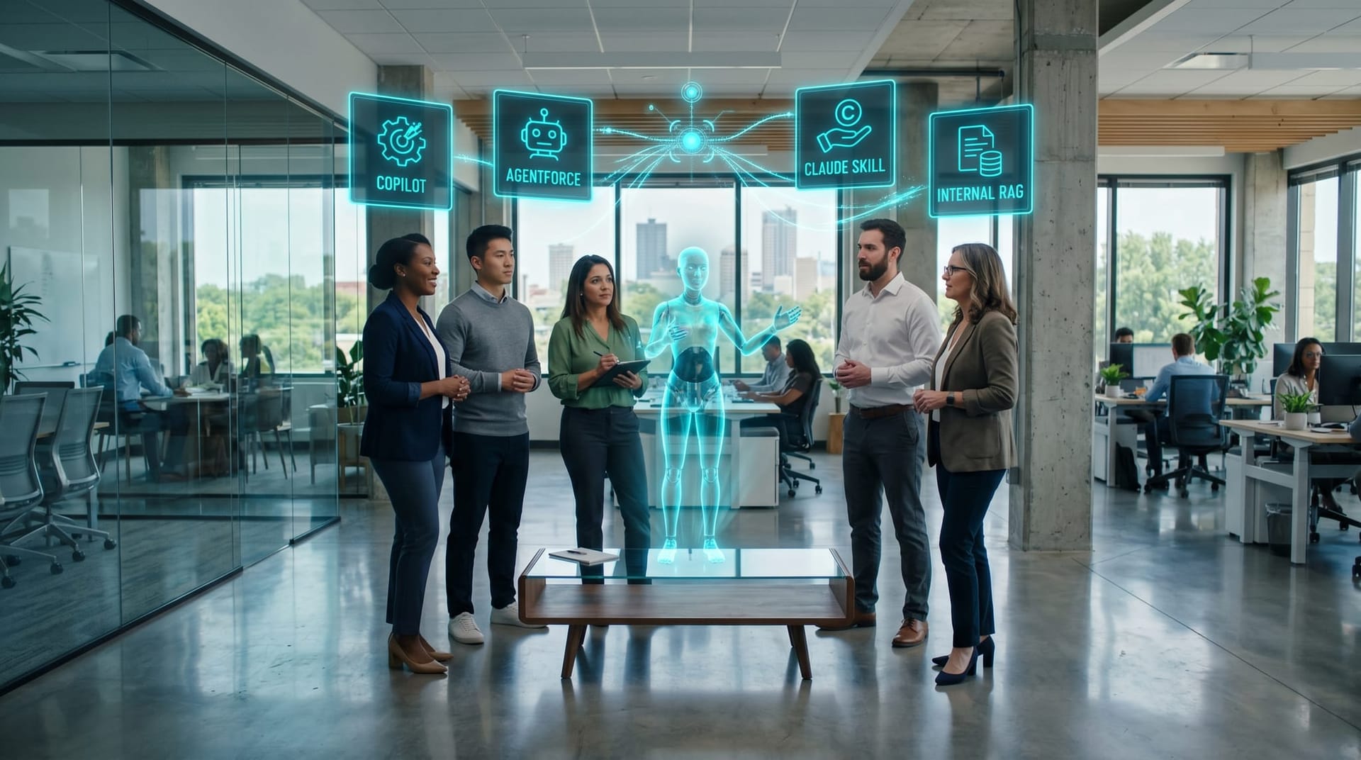 A Northeast Indiana professional services team gathered around a table watching a translucent cyan holographic AI avatar reach toward four floating panels labeled with mid-market SaaS agent personas as glowing data lines flow between them.