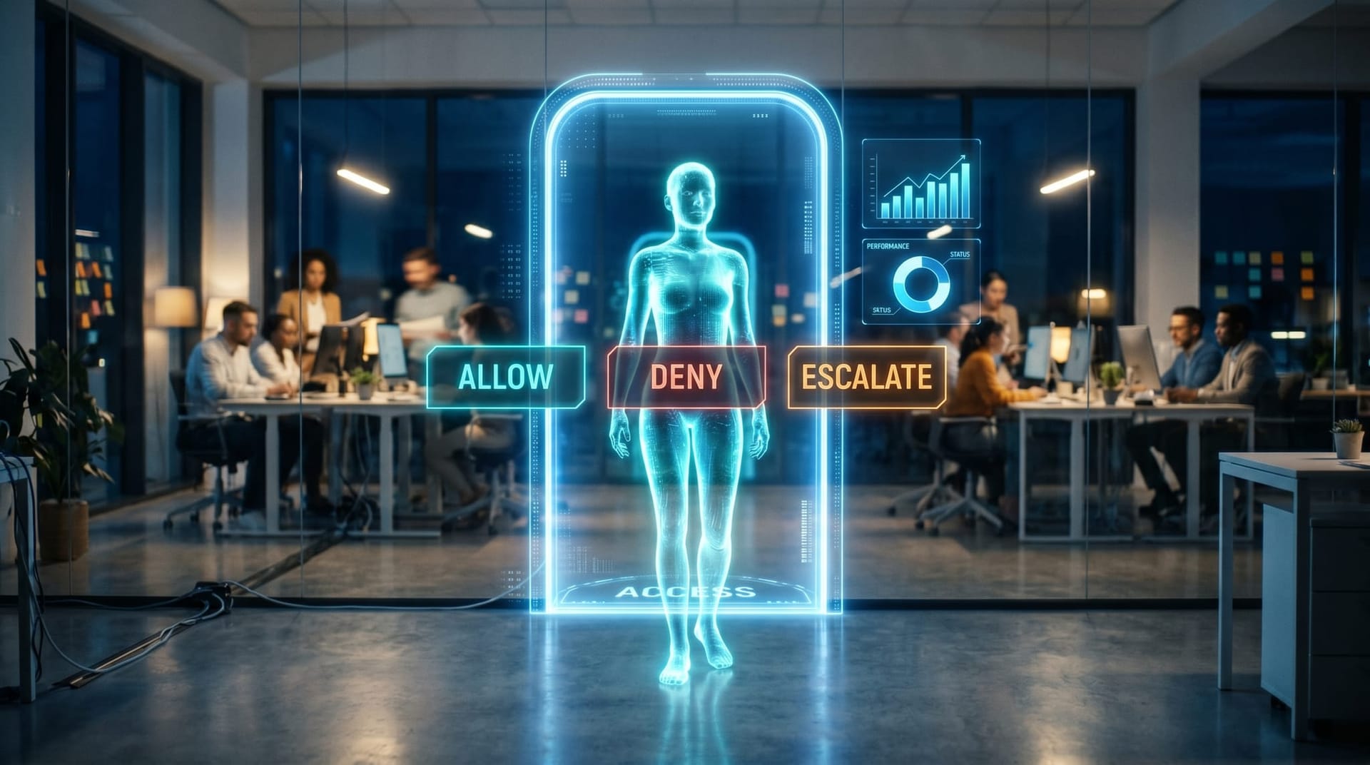 A translucent cyan holographic AI Employee figure standing at a doorway-shaped policy gate as floating action panels pass through and are stamped allow, deny, or escalate by the Secure AI Gateway decision point.