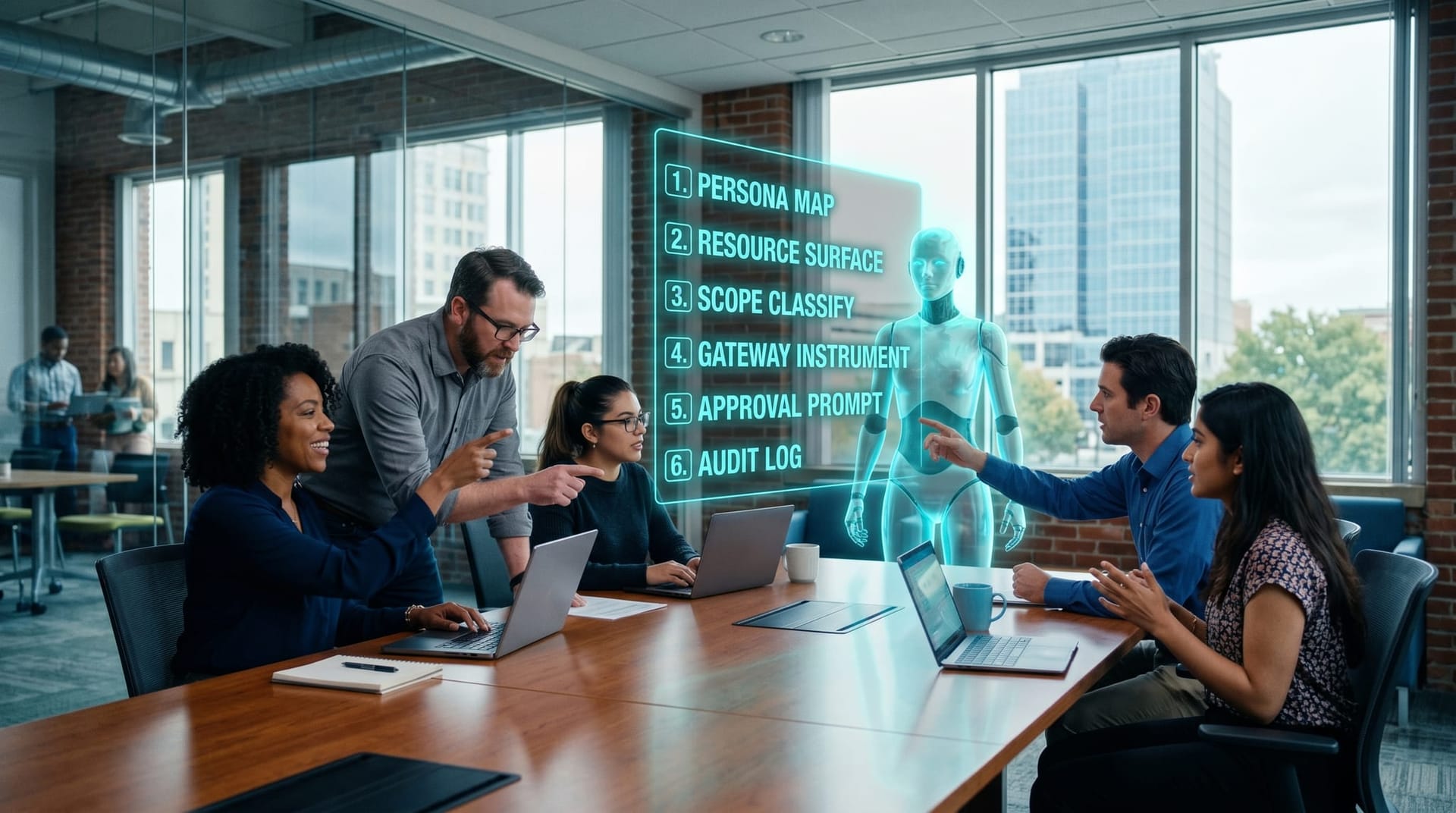 A six-step audit checklist floating as a cyan holographic interface in front of a Fort Wayne mid-market IT team collaborating around a conference table with the translucent AI Employee avatar at the head of the table.