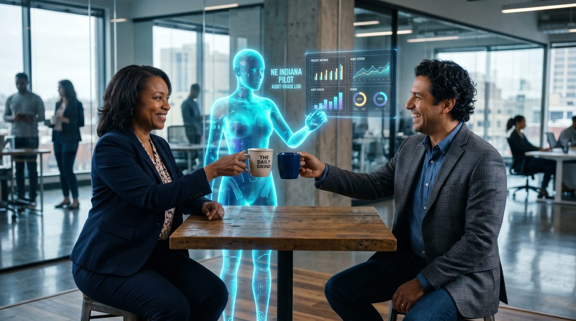 Two Northeast Indiana mid-market business owners toasting coffee cups in a modern Auburn-Fort Wayne corridor office as a translucent cyan holographic AI Employee figure presents a regional pilot dashboard with floating compliance panels nearby.