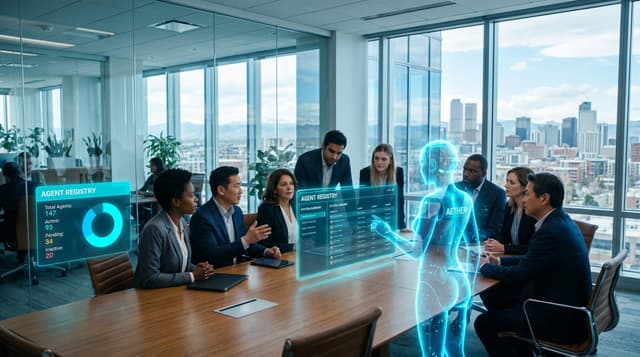 Fort Wayne operations team reviewing an AI agent ownership registry on a glowing cyan holographic dashboard in a glass-walled office