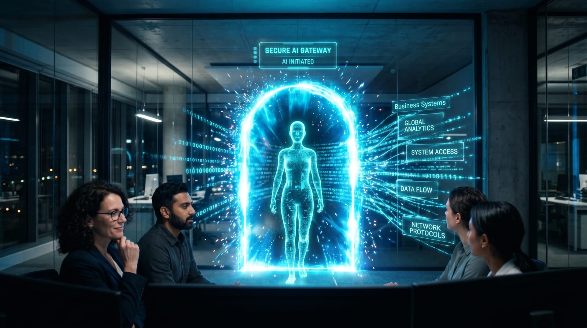 Secure AI gateway visualized as a glowing cyan checkpoint between holographic AI agents and business systems in a modern office