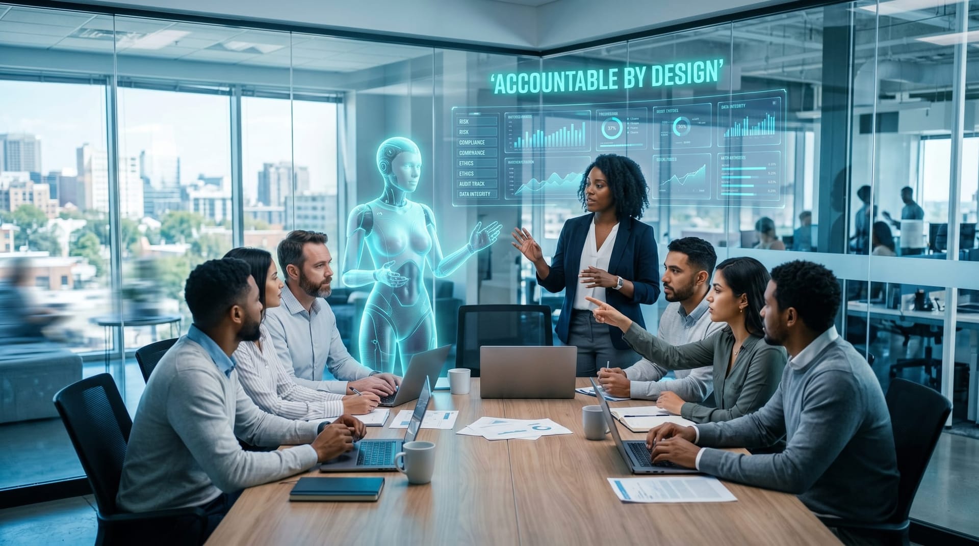 Northeast Indiana small business team collaborating with a holographic AI employee on agent governance in a bright glass-walled office