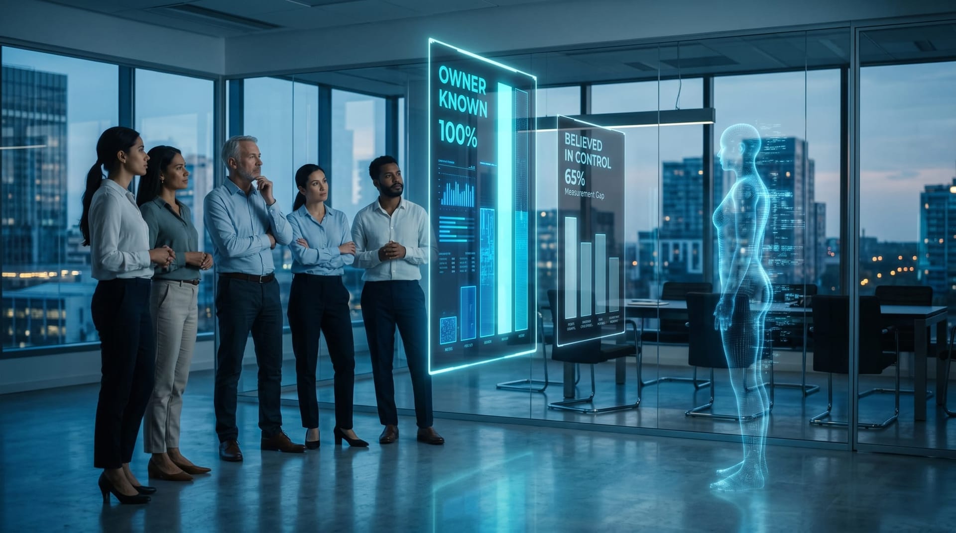 Business leaders studying a holographic gap between two glowing figures showing 85 percent believed control versus 42 percent known AI agent ownership