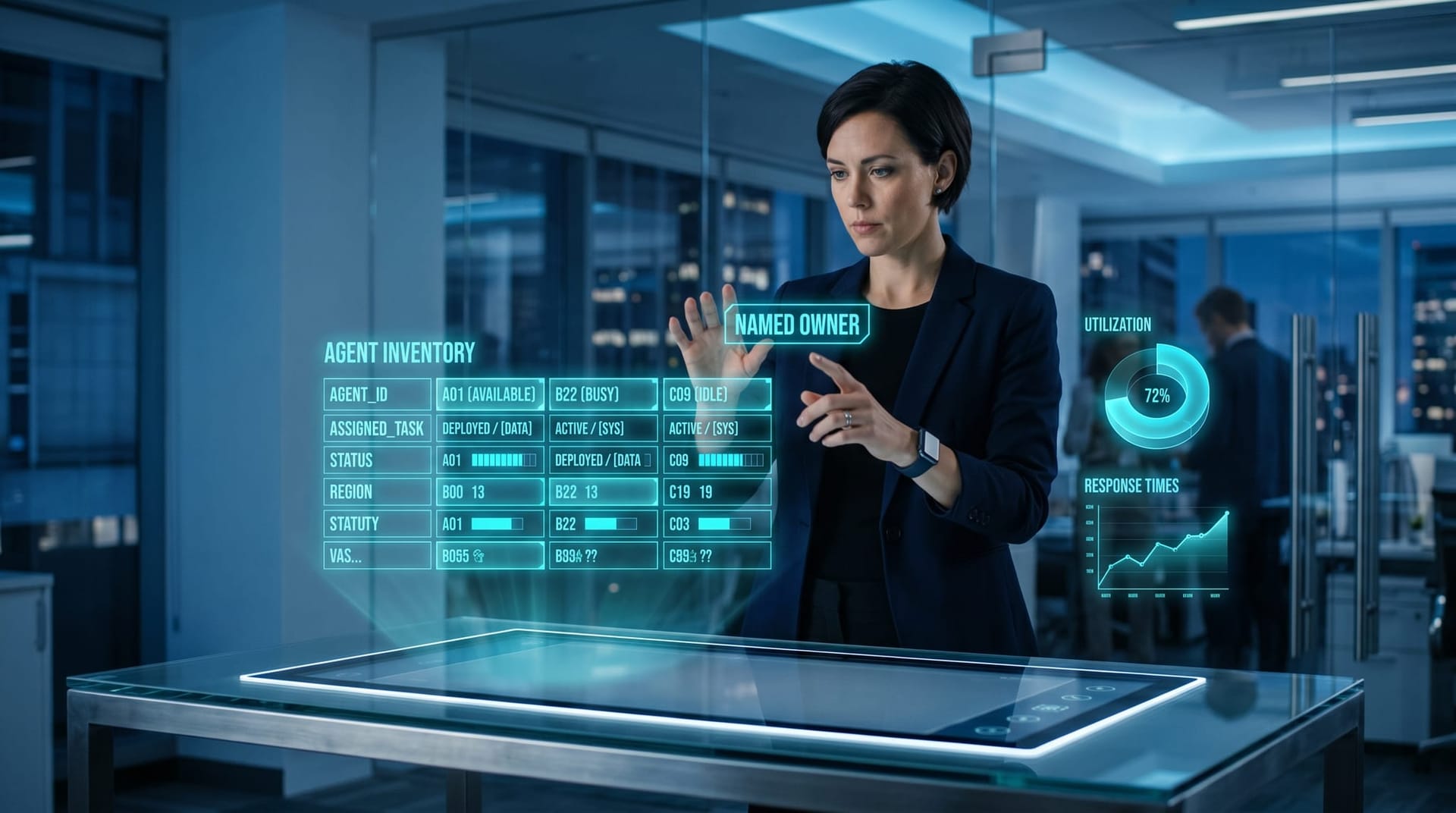 Operations manager building an AI agent inventory table on a floating cyan holographic grid showing agents, owners, and access scopes
