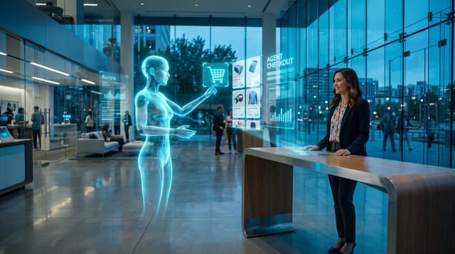 Local business owner at a counter watching a translucent cyan holographic AI agent shop for a customer on the agentic web in a glass-walled office