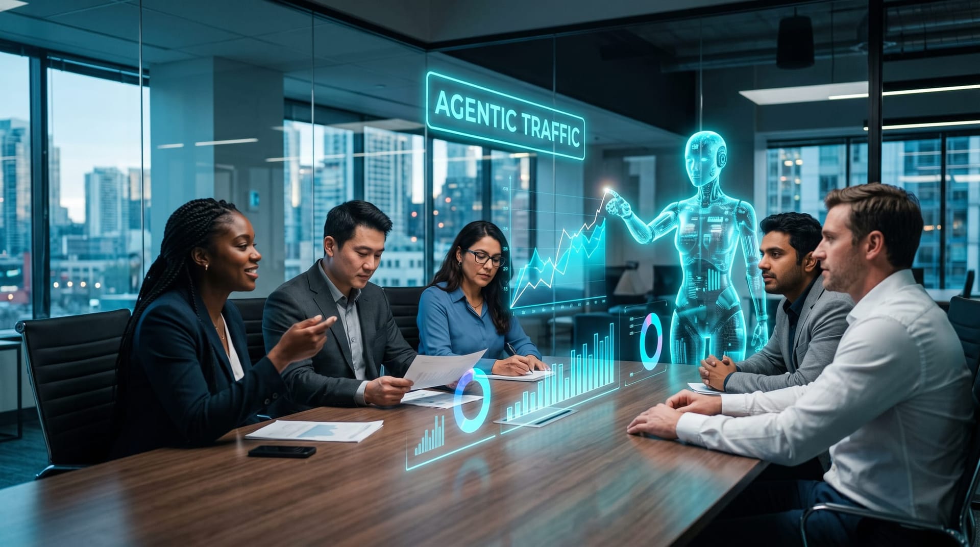 Diverse business team watching holographic traffic charts as a cyan AI agent avatar represents the rapidly growing agentic web visiting e-commerce pages