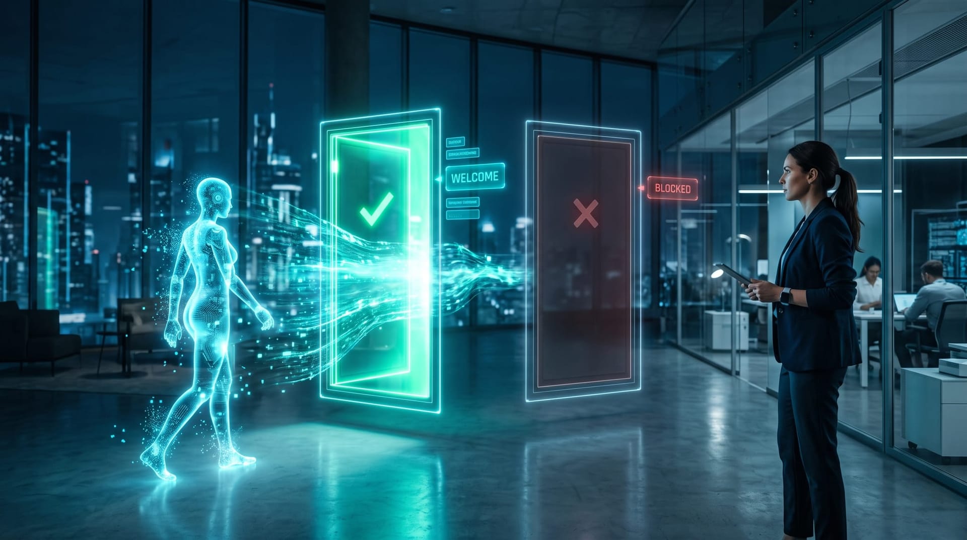 Two floating holographic gateway panels, one open and one closed, illustrating platforms that welcome versus block AI shopping agents at checkout