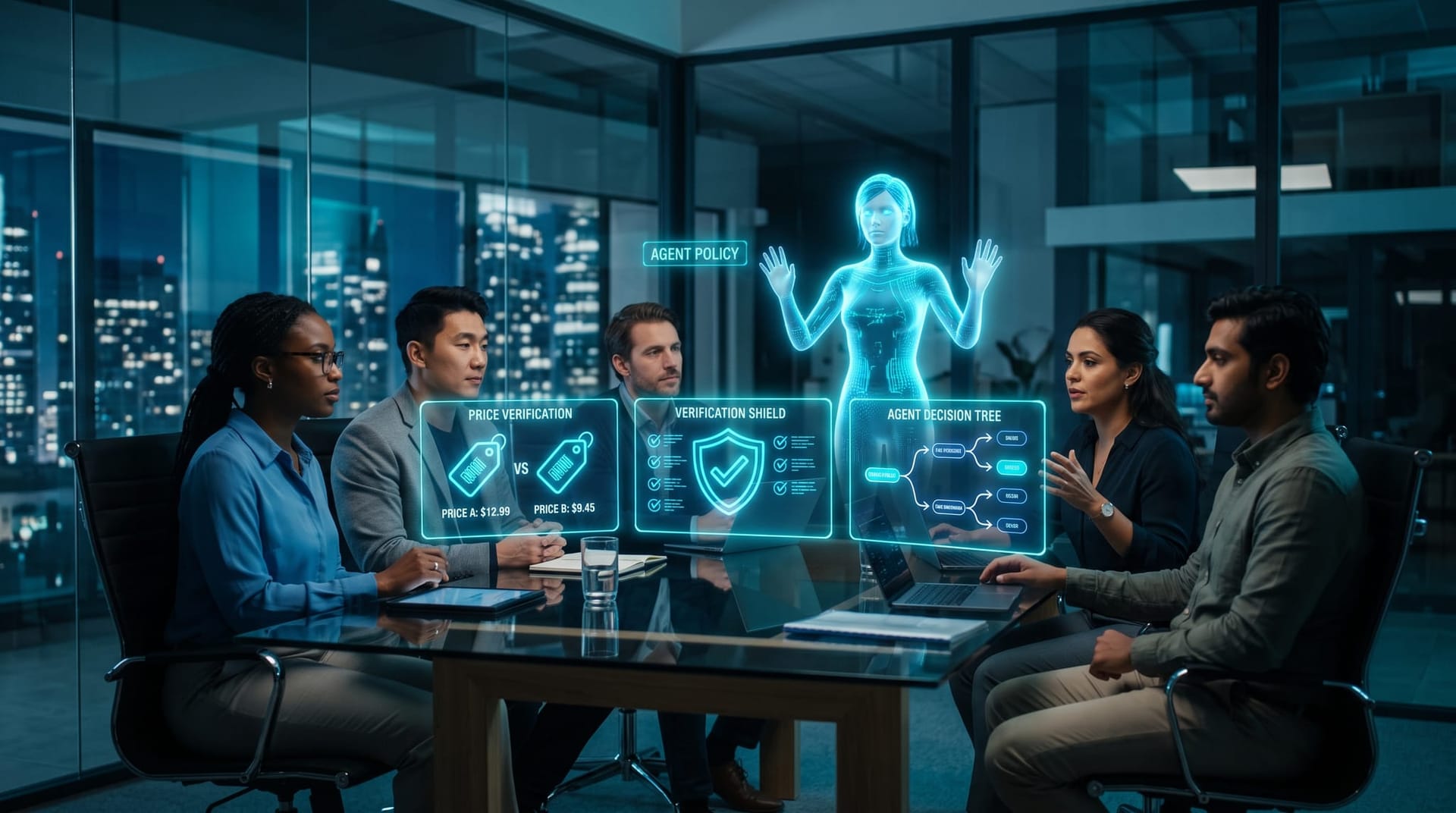 Business team studying floating holographic panels on pricing consistency, verification, and commissions showing the risks of the agentic web for local firms