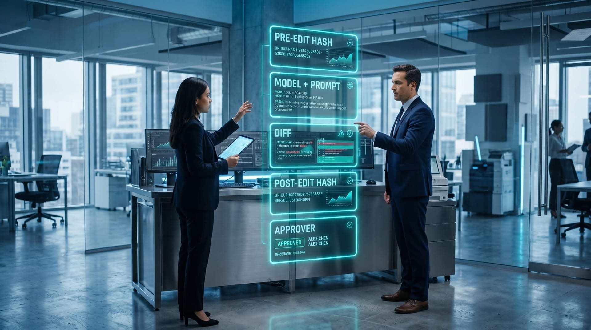 Two IT and compliance professionals at a brushed-metal workstation reviewing a translucent cyan holographic document-state diff audit record with five element panels floating above.