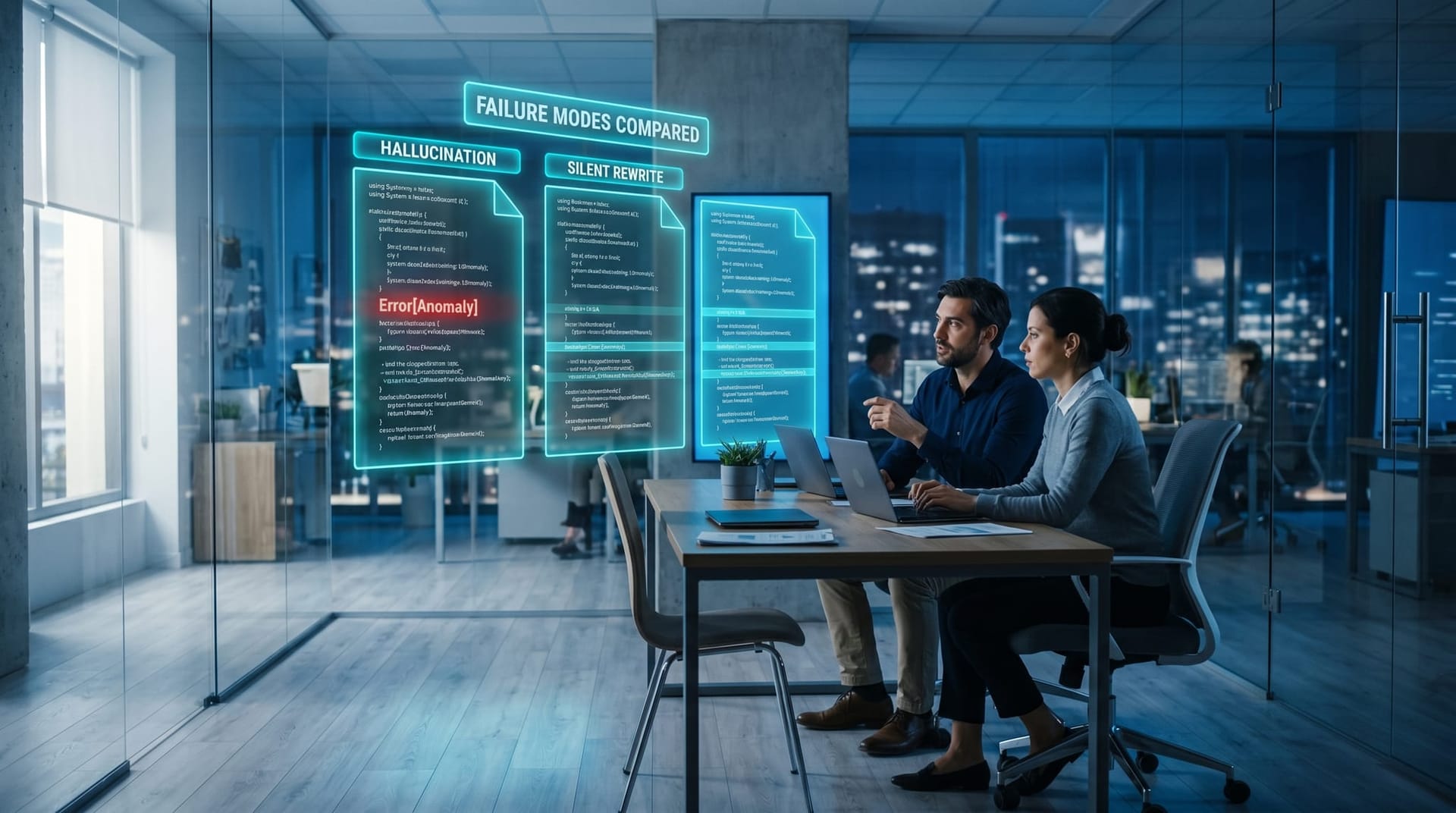 An accountant and a paralegal at a modern desk reviewing two translucent cyan holographic document panels labeled HALLUCINATION and SILENT REWRITE highlighting the different AI failure modes.