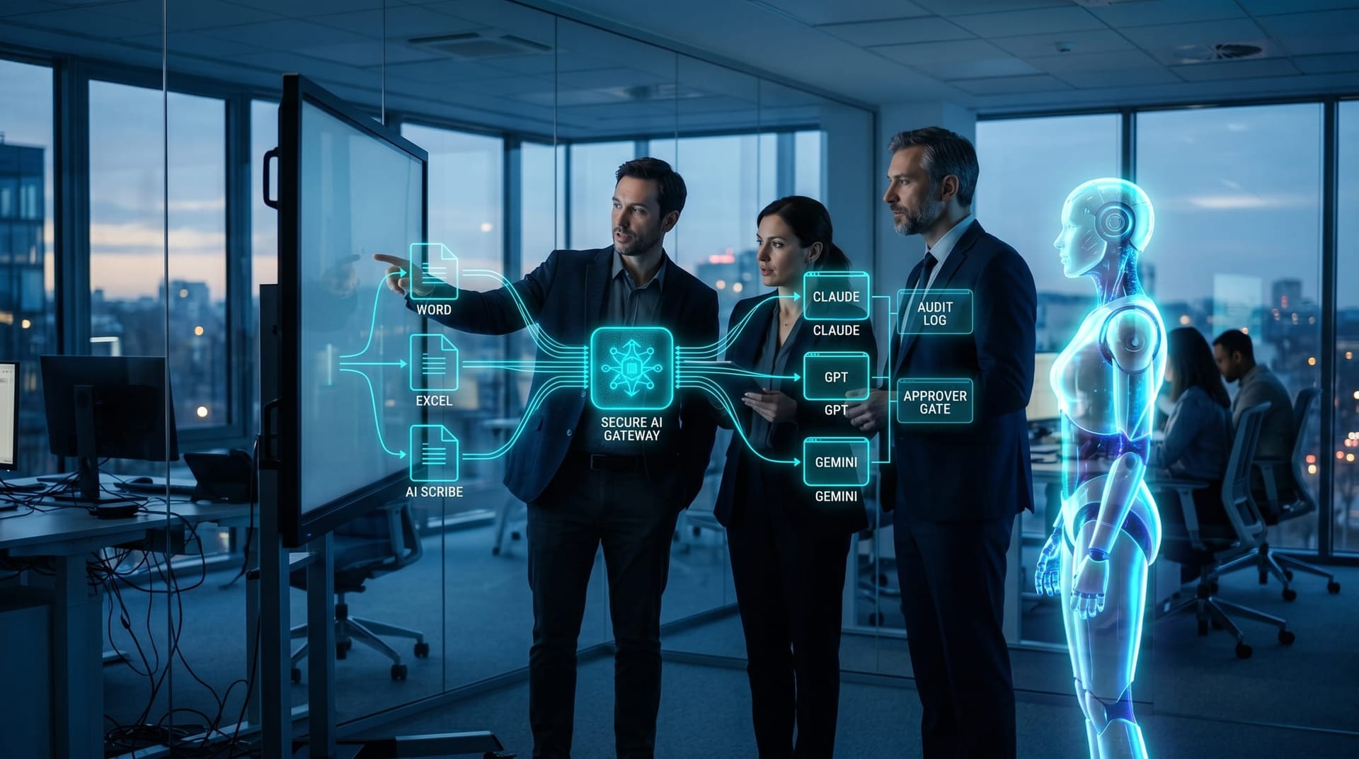 A small professional services team and a translucent cyan holographic AI Employee at an interactive display showing a Secure AI Gateway architecture intercepting document edit requests.