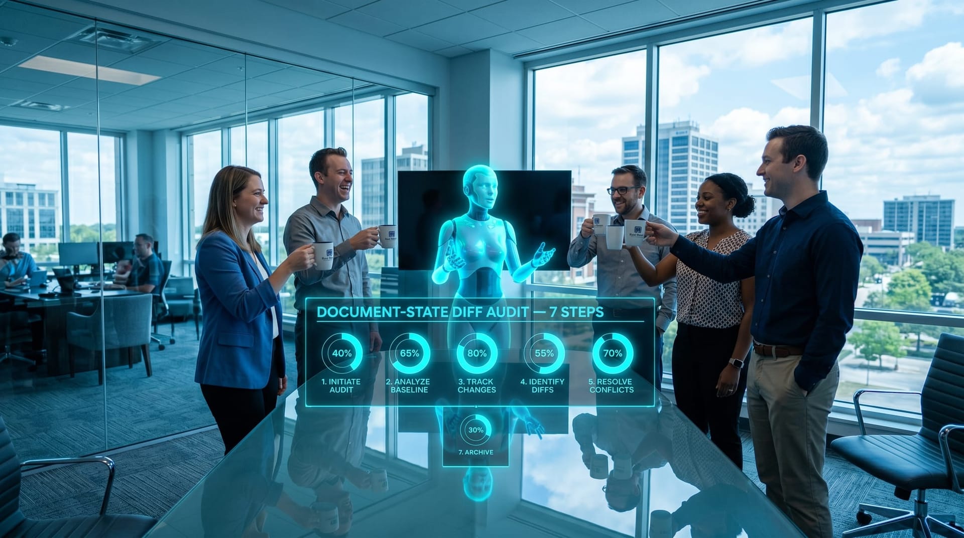 A Fort Wayne law firm and accounting team in a glass-walled conference room raising coffee cups in a toast with a translucent cyan holographic AI Employee and a floating audit checklist panel.