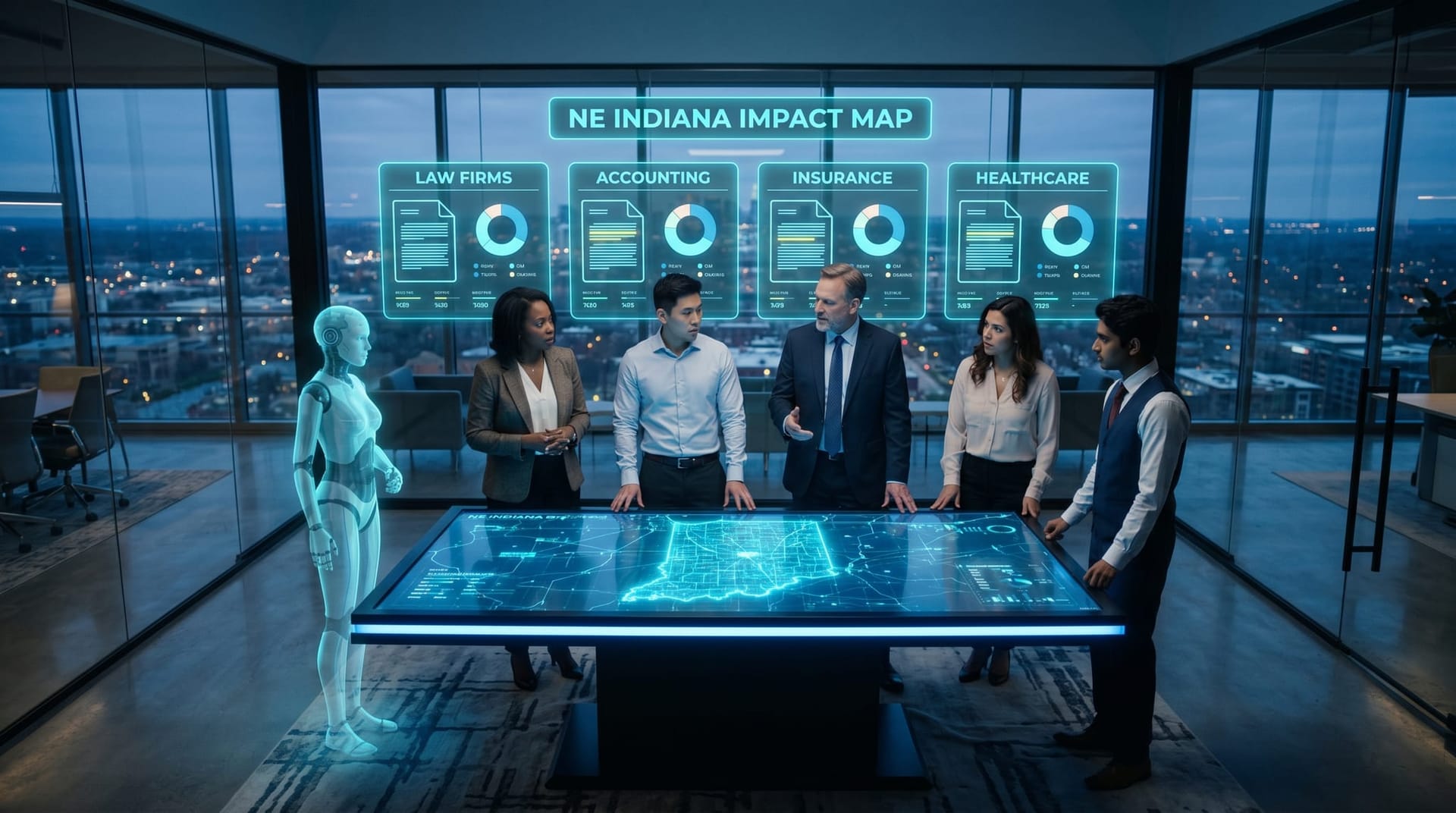A diverse NE Indiana professional services team around a strategy table with four translucent cyan holographic vertical panels for law, accounting, insurance, and healthcare documents.