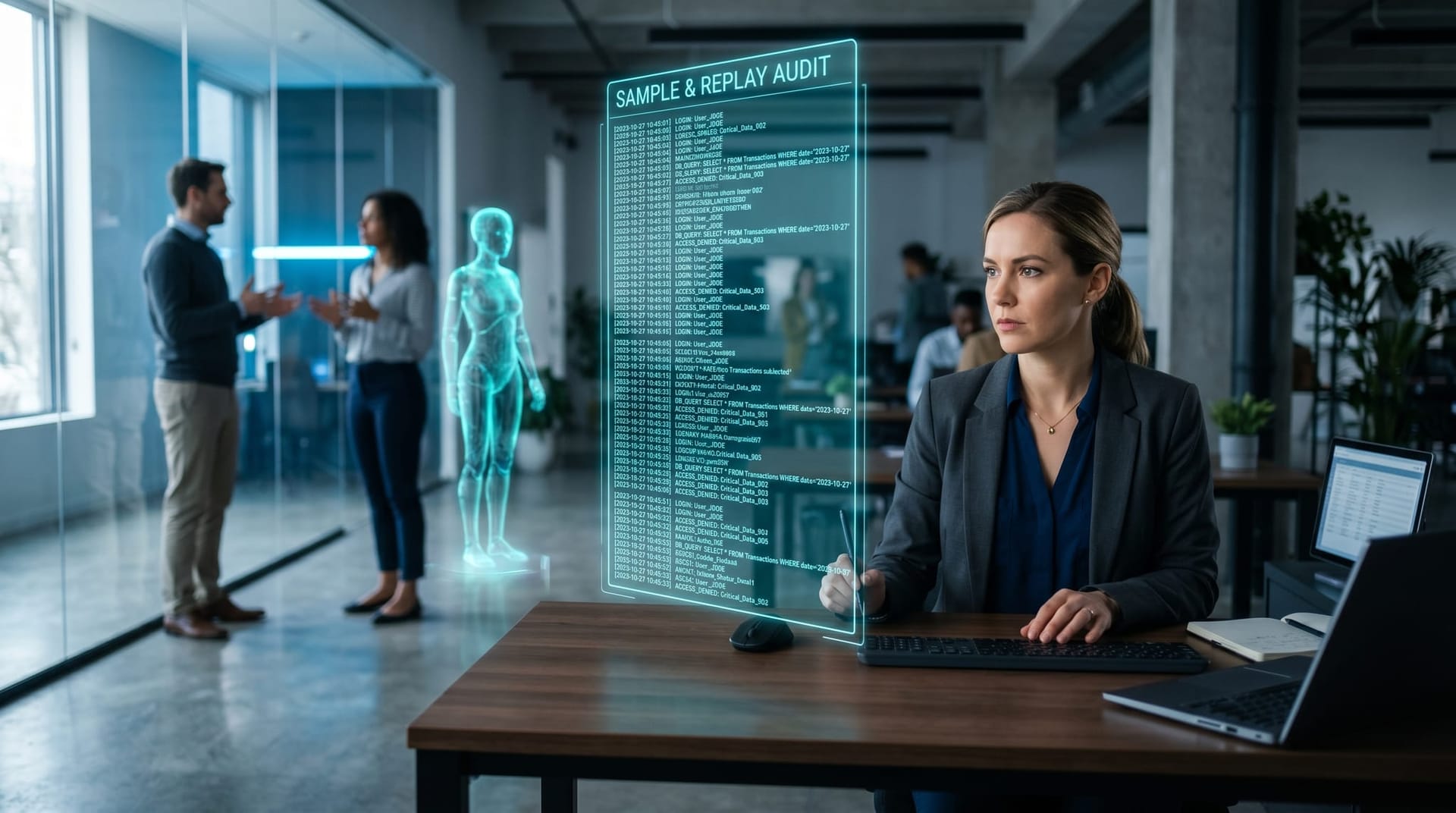 A focused auditor in business casual seated at a workstation reviewing a vertical floating cyan-glow audit log with line entries while colleagues confer in the background.
