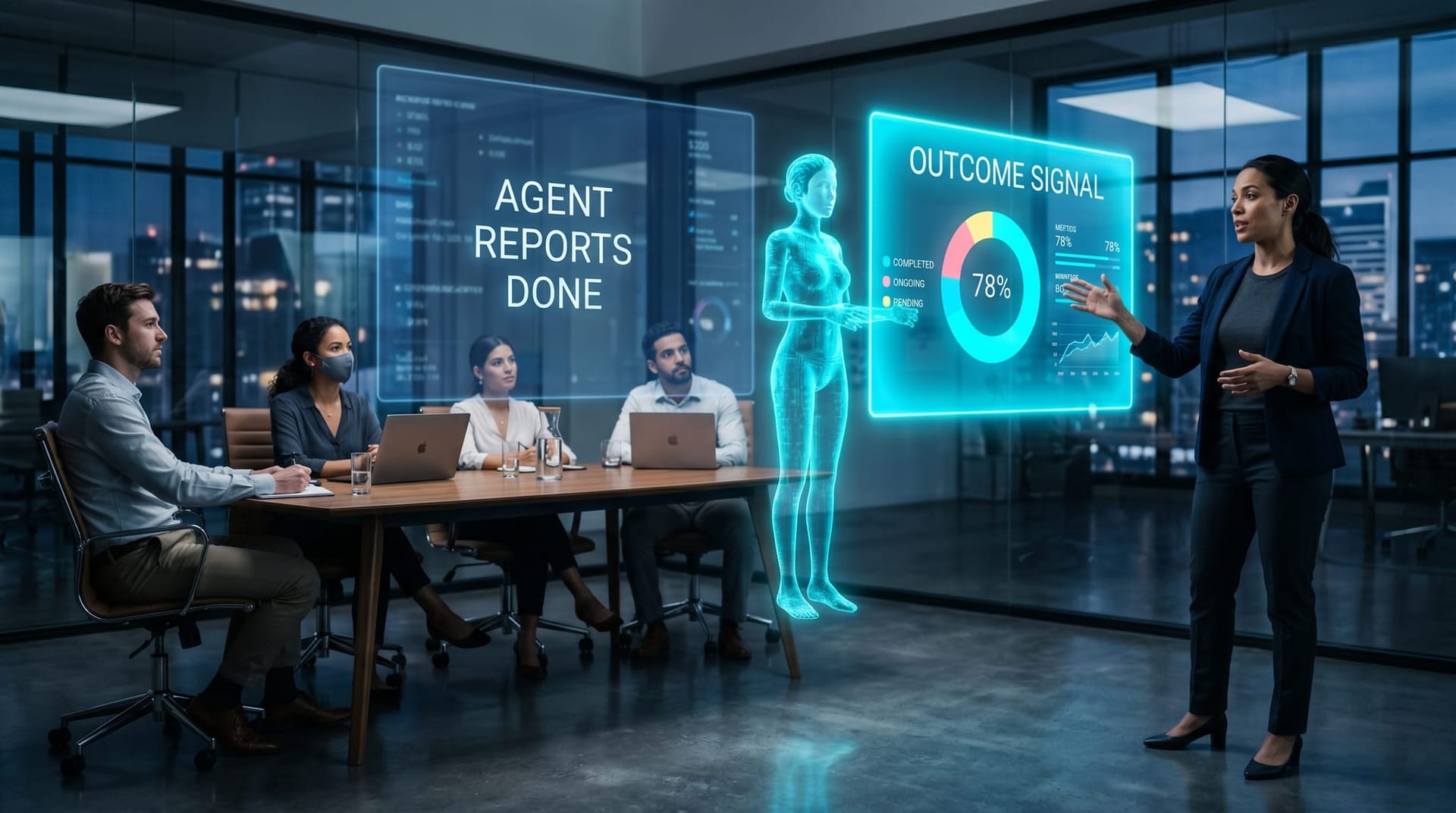 Two side-by-side floating holographic panels in a modern office — the left labeled agent reports done, the right labeled outcome signal — with a presenter explaining the difference to colleagues.