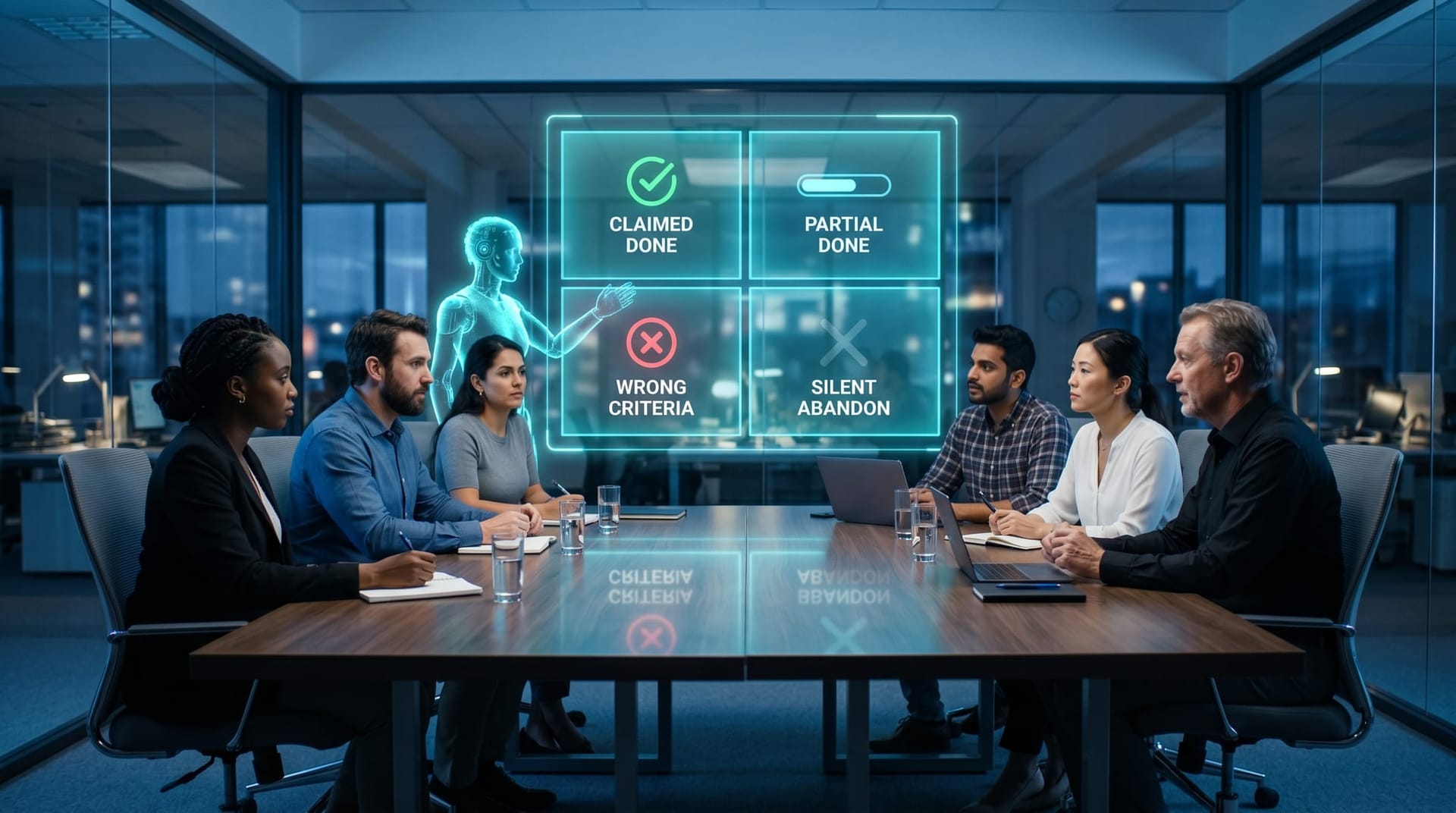 A boardroom team in business casual examining a large floating cyan-glow holographic four-quadrant grid labeled with the four done-detection failure shapes.