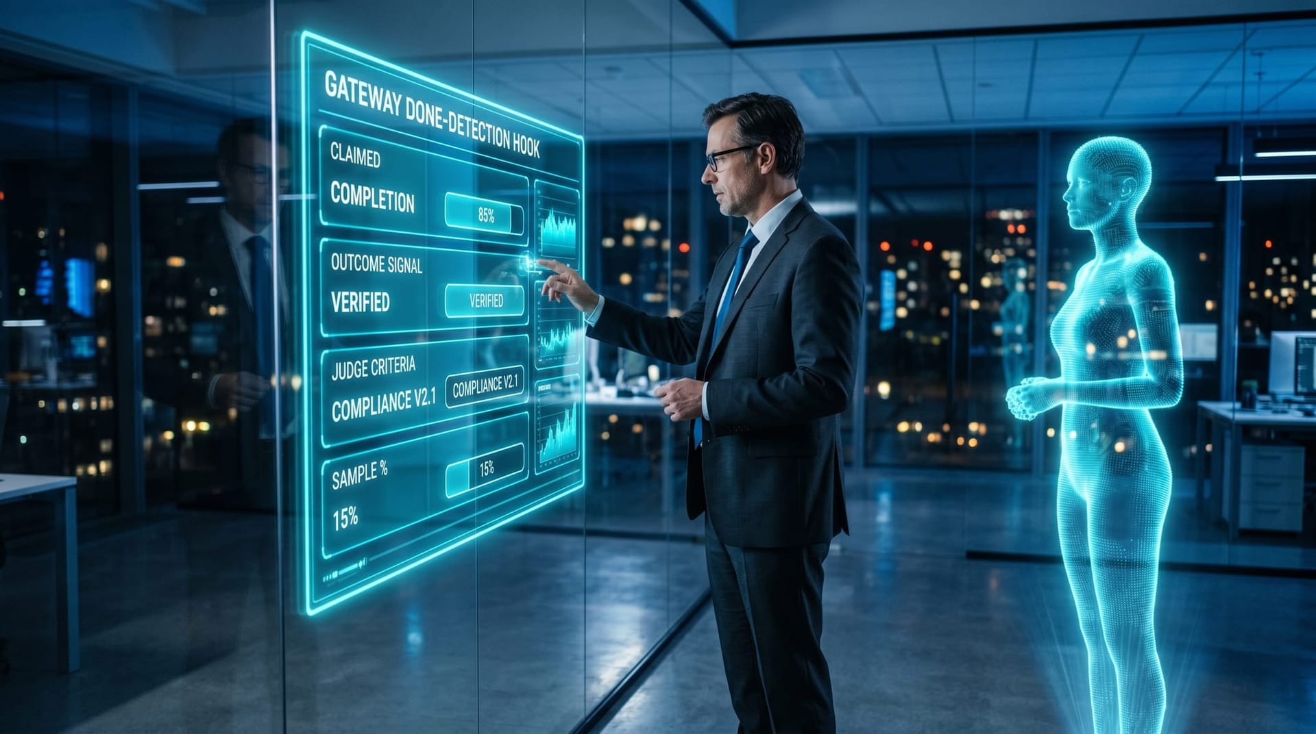 An IT director at a wall-mounted holographic gateway control panel configuring four labeled input fields for a done-detection hook in cyan glow.