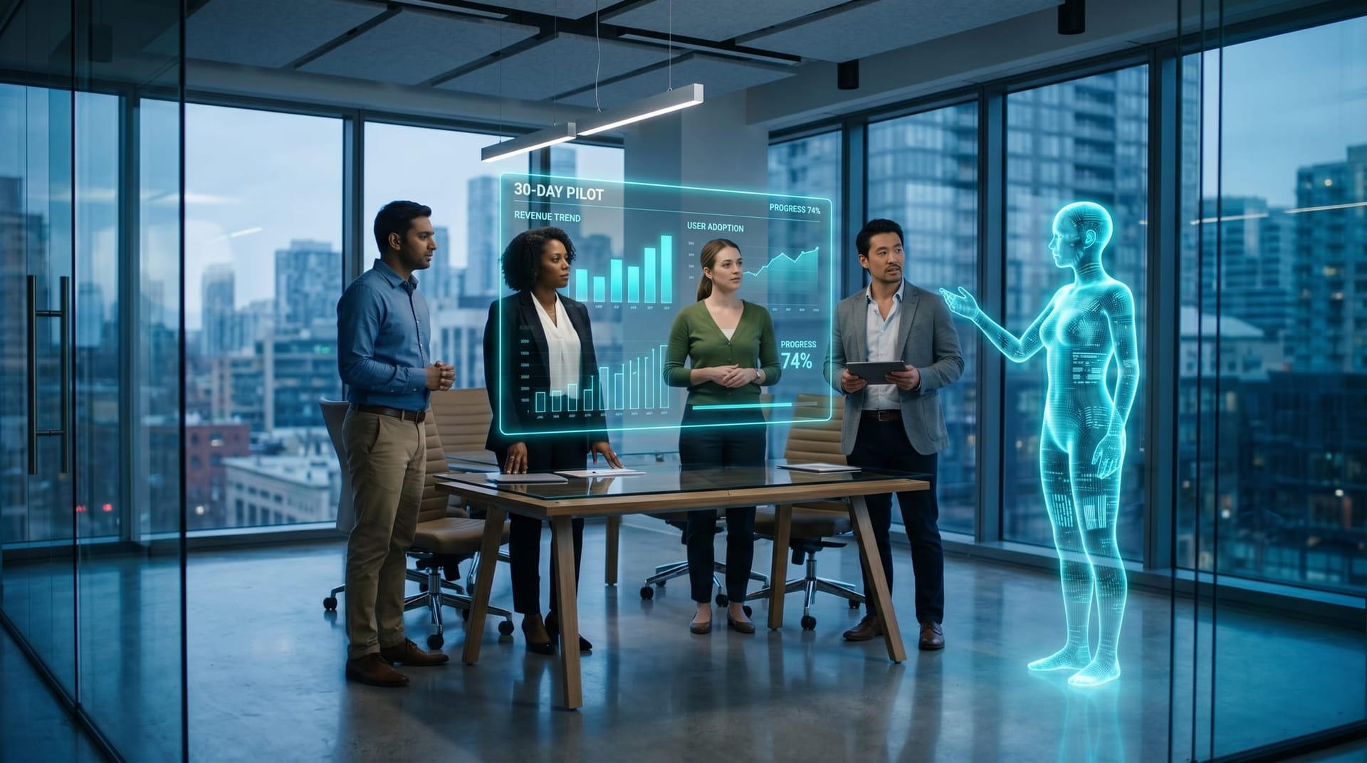 A small NE Indiana operations team gathered in a modern conference room reviewing a floating cyan dashboard while a translucent AI Employee avatar stands beside them.