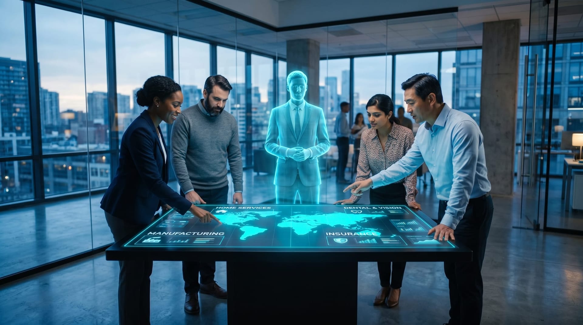 Four diverse NE Indiana operations professionals from different verticals gathered at an interactive table display showing a four-section cyan holographic vertical-impact map.