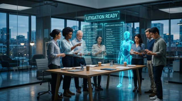 A Fort Wayne business team reviewing litigation-readiness records on floating cyan audit panels beside a translucent holographic AI avatar in a glass-walled office