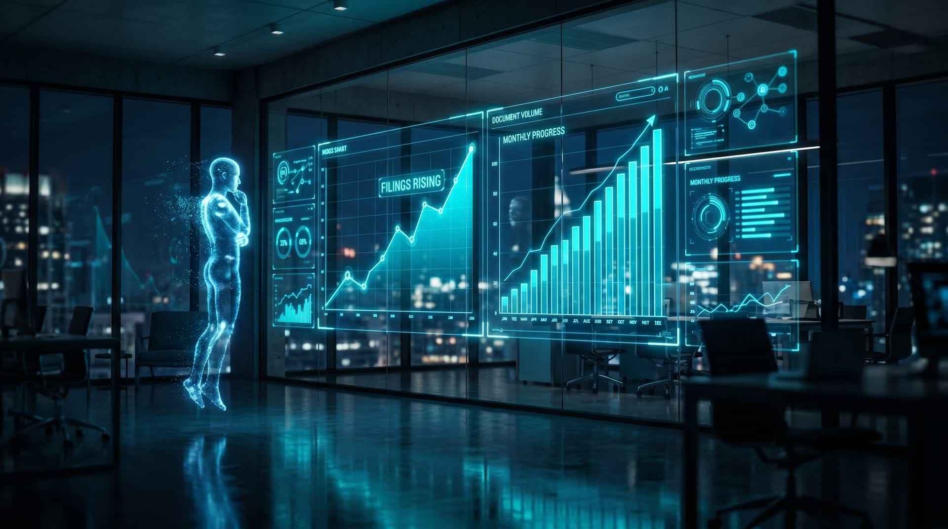 Floating cyan dashboards showing a rising line chart of AI-generated court filings in a cool-lit futuristic office environment