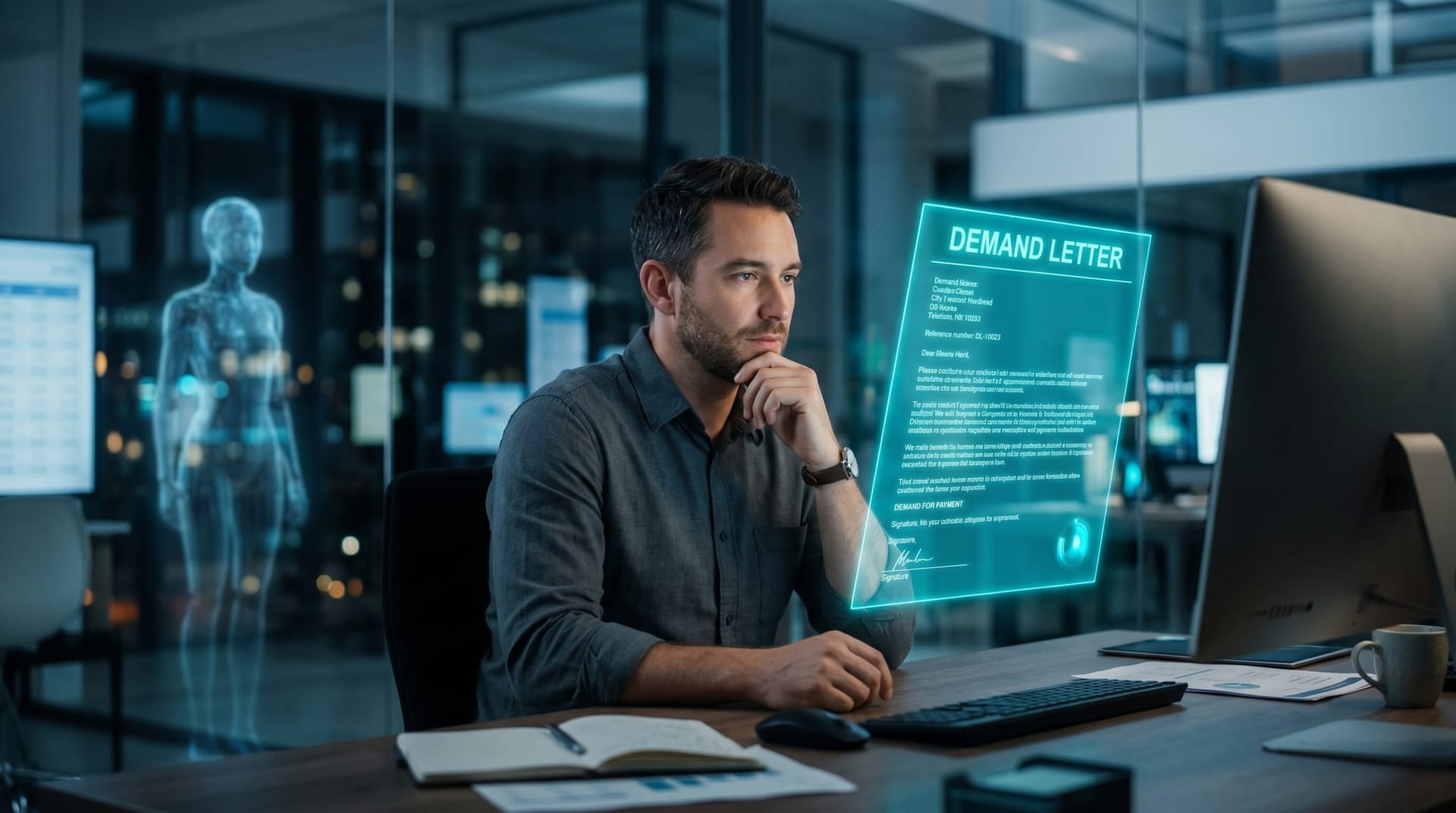 A small-business owner at a desk receiving a glowing holographic demand-letter document with floating cyan claim panels in a cool-lit office