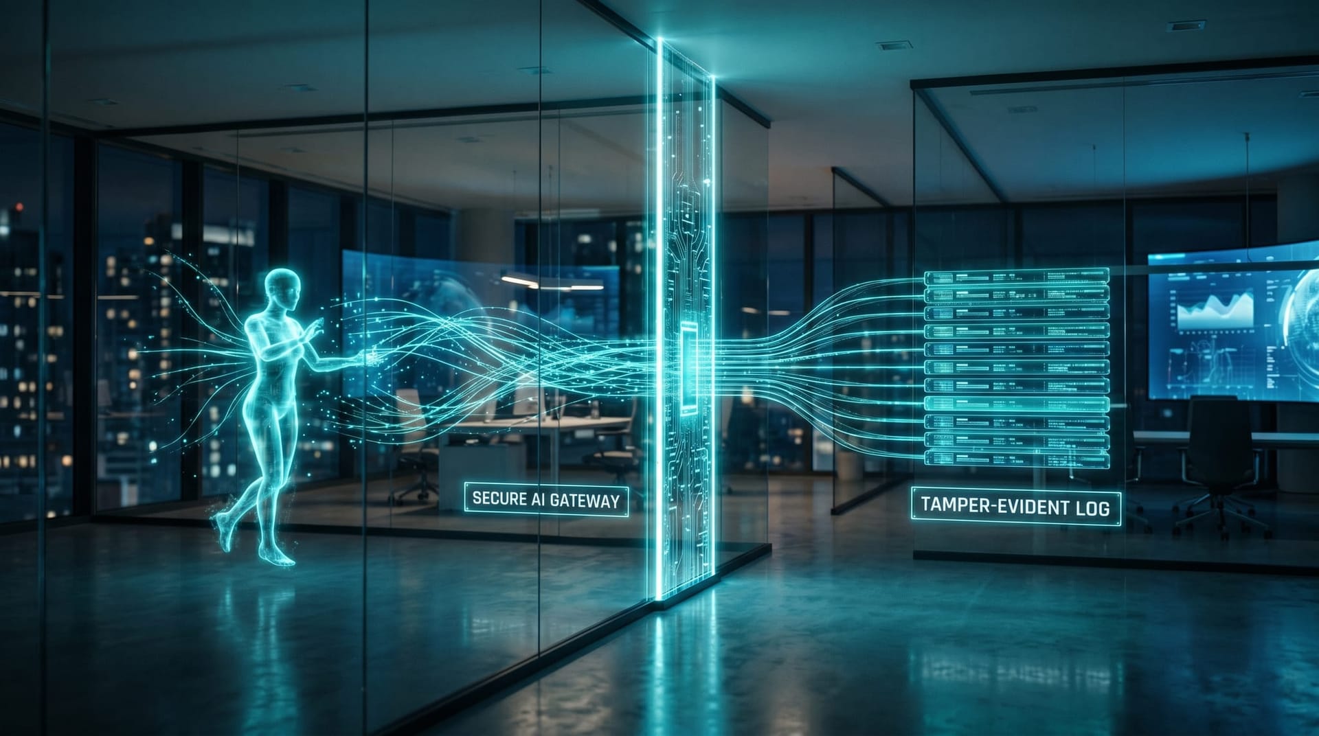 A glowing cyan Secure AI Gateway writing a tamper-evident audit trail of AI Employee actions into an immutable ledger of floating record panels