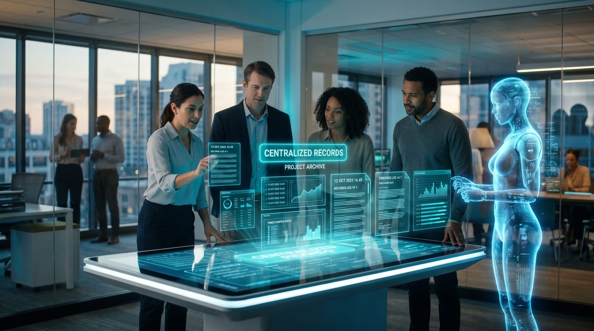 A Northeast Indiana professional-services team confidently organizing centralized timestamped records on floating cyan panels in a calm glass office