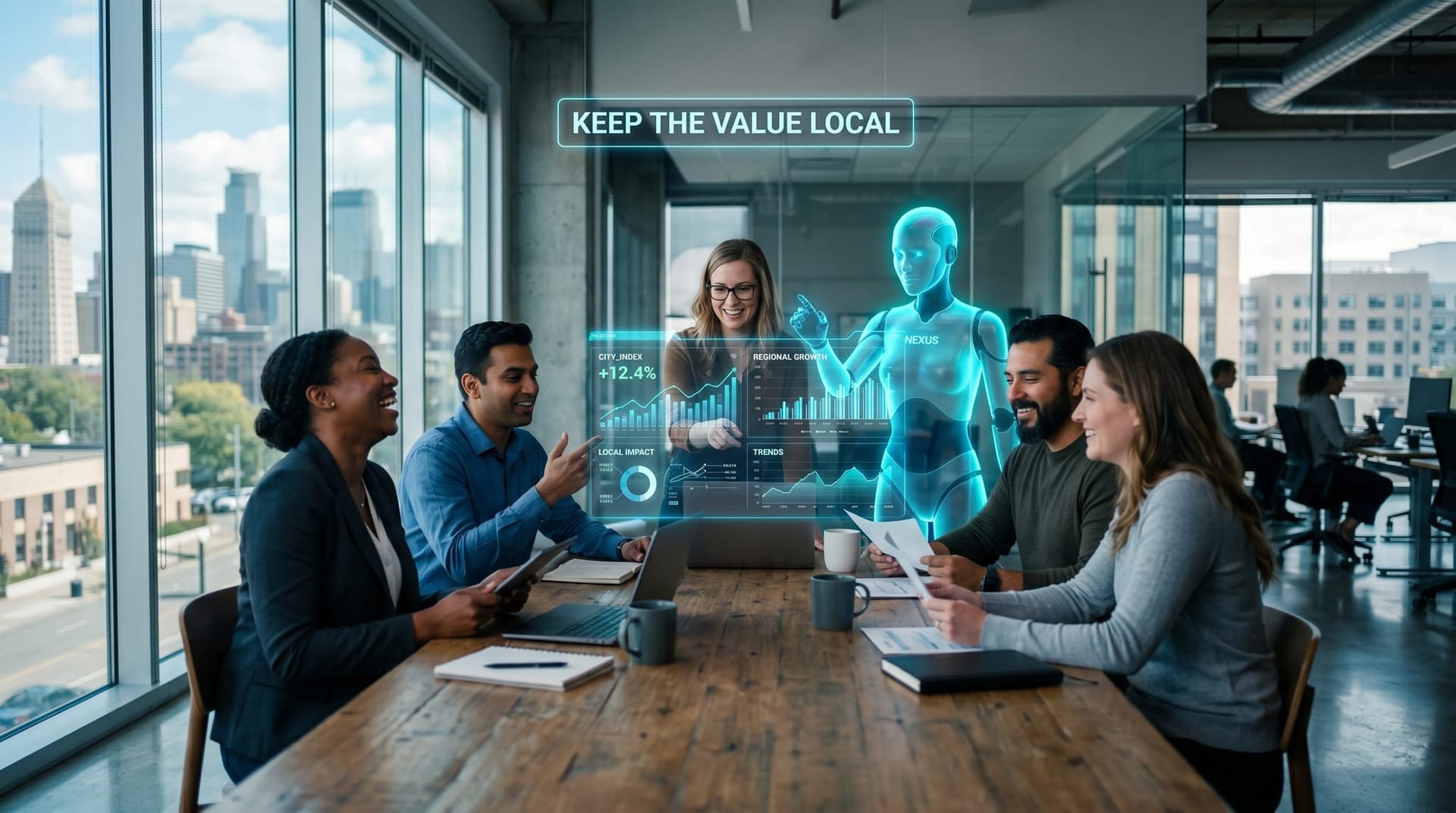 A Northeast Indiana business team and a translucent cyan AI Employee avatar working side by side in a Fort Wayne office, capturing productivity instead of being displaced.