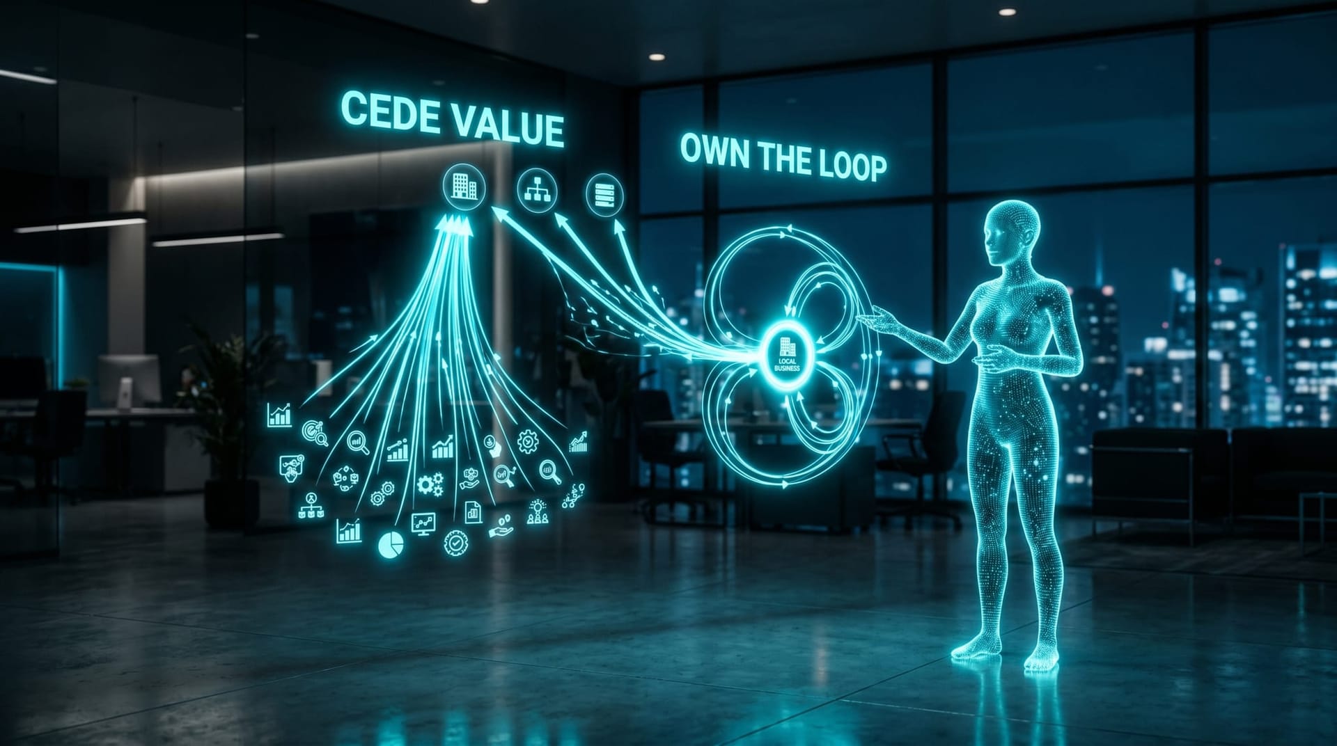 A glowing cyan diagram contrasting value flowing upstream to a few distant platforms versus value staying with a local business, illustrating Nadella's warning.