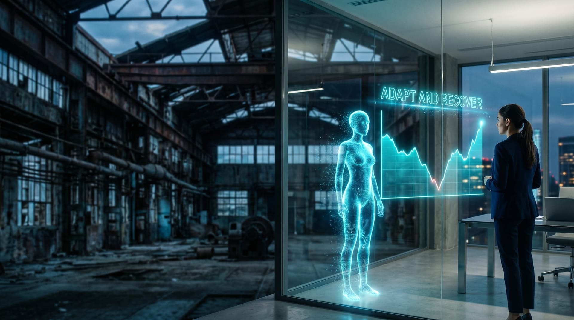 A faded industrial Midwestern skyline transitioning into a glowing cyan modern office, with an AI Employee avatar bridging the region's past and AI future.