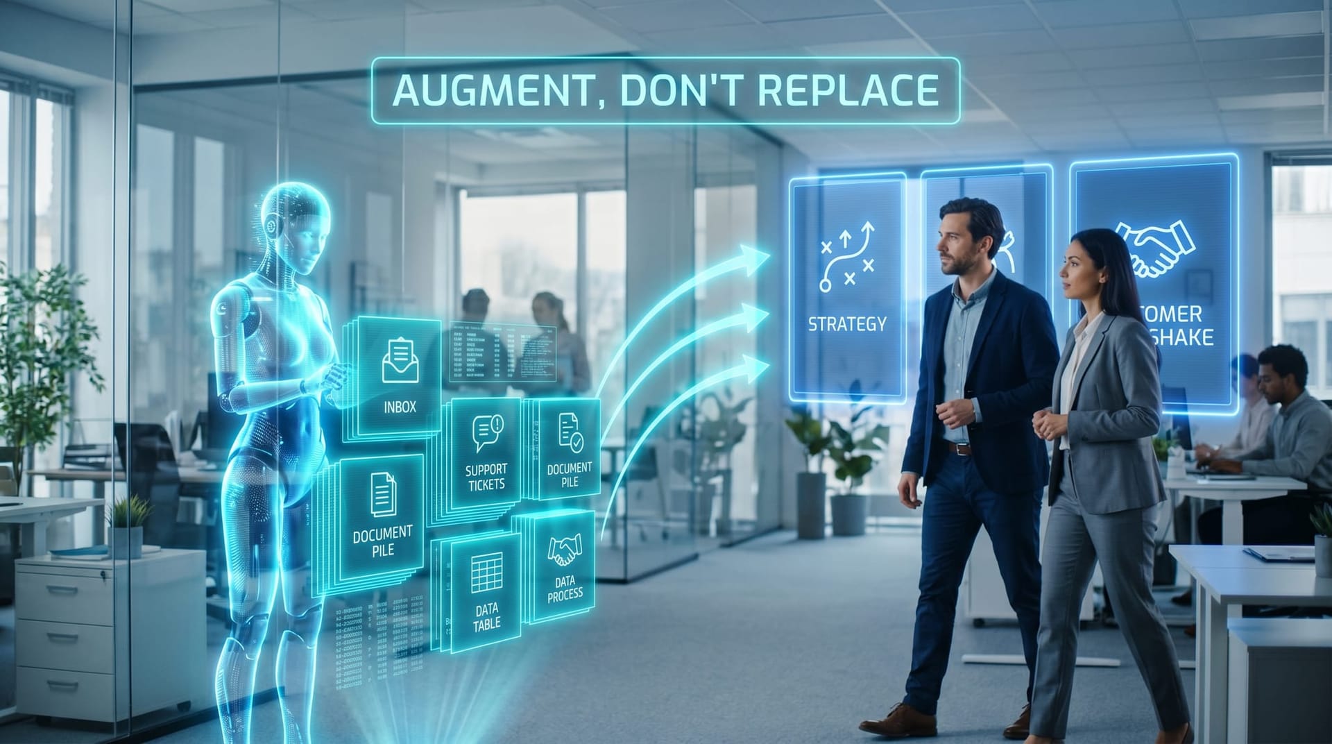 A translucent cyan AI Employee avatar handling repetitive admin and support panels while human staff move to higher-value work, showing augmentation not replacement.