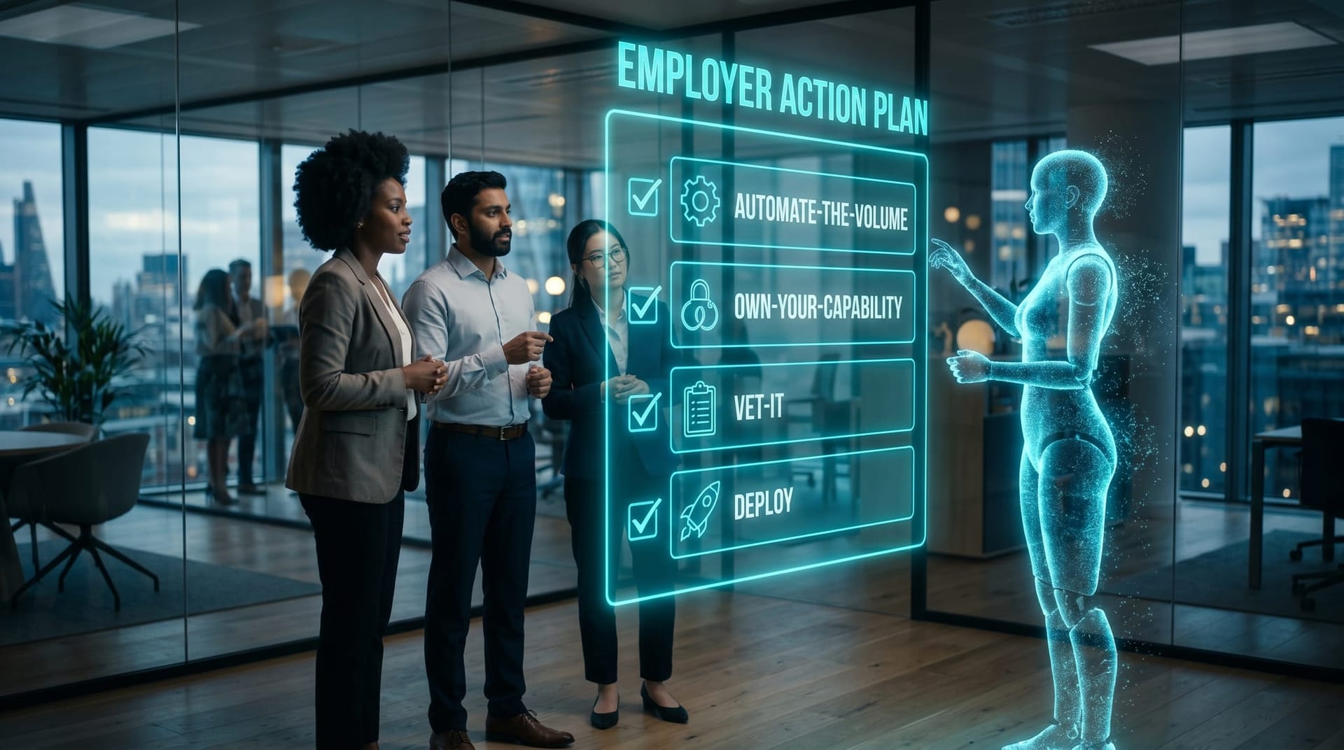 A small business team and a cyan AI Employee avatar following a four-step glowing action plan for deploying AI on the right workflows in a Fort Wayne office.
