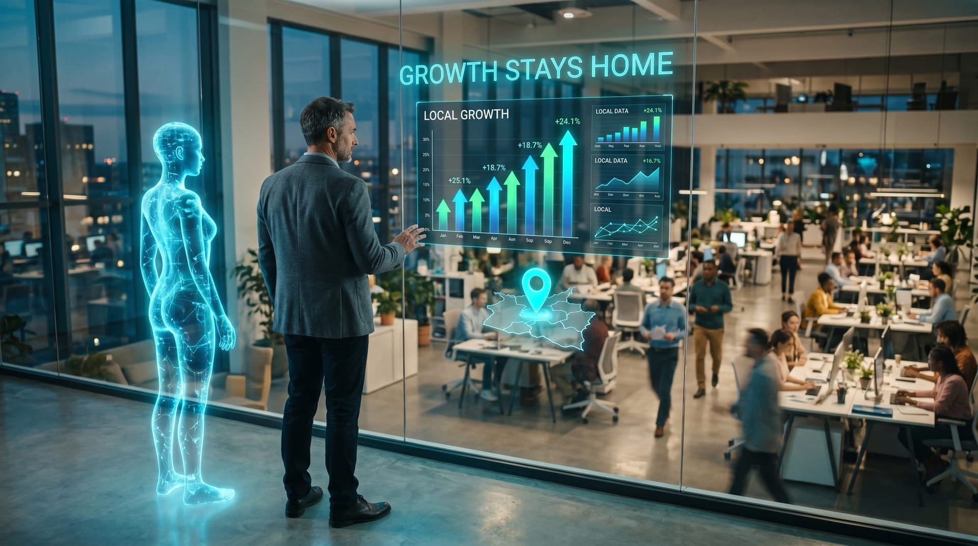 A confident Northeast Indiana business owner and a cyan AI Employee avatar overlooking a thriving local office, the productivity gains staying in the community.