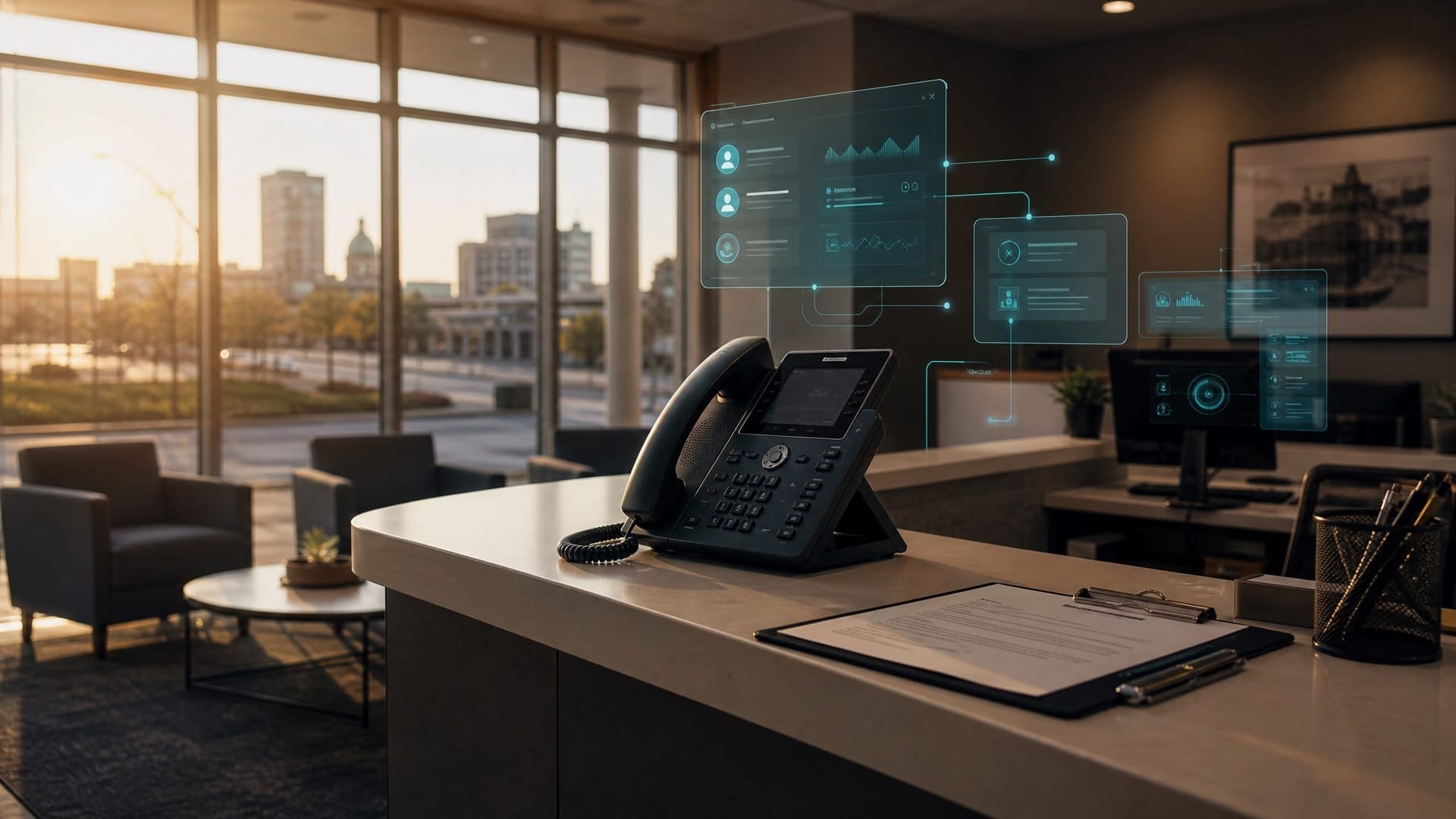 Empty front-desk area of a small Fort Wayne service business at golden hour with a phone handset on the counter and warm light through the windows, representing AI phone agents replacing missed calls for Northeast Indiana companies.