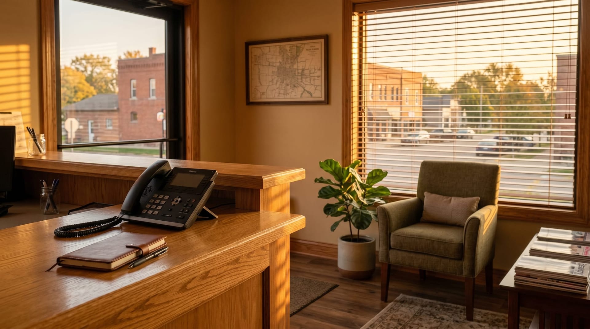 Empty front-desk area of a small Fort Wayne service business at golden hour with a phone handset on the counter and warm light through the windows, representing AI phone agents replacing missed calls for Northeast Indiana companies.