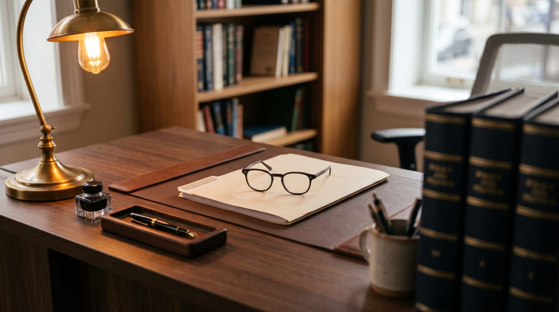 Organized desk with a closed folder labeled by a blurred tab divider, a pair of reading glasses, and a warm desk lamp, suggesting TCPA and HIPAA compliance review for AI phone agent deployments.