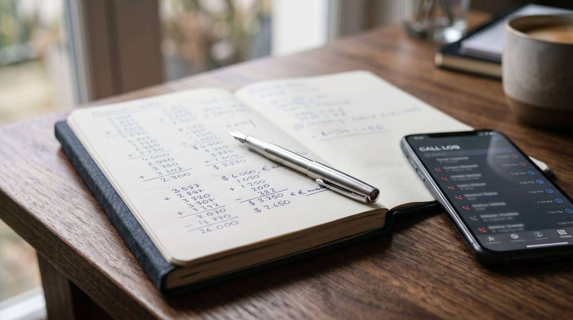 Clean desk scene with an open notebook showing handwritten cost-per-minute math, a silver pen, and a smartphone displaying a blurred call log, representing the 2026 price collapse for AI phone agents.