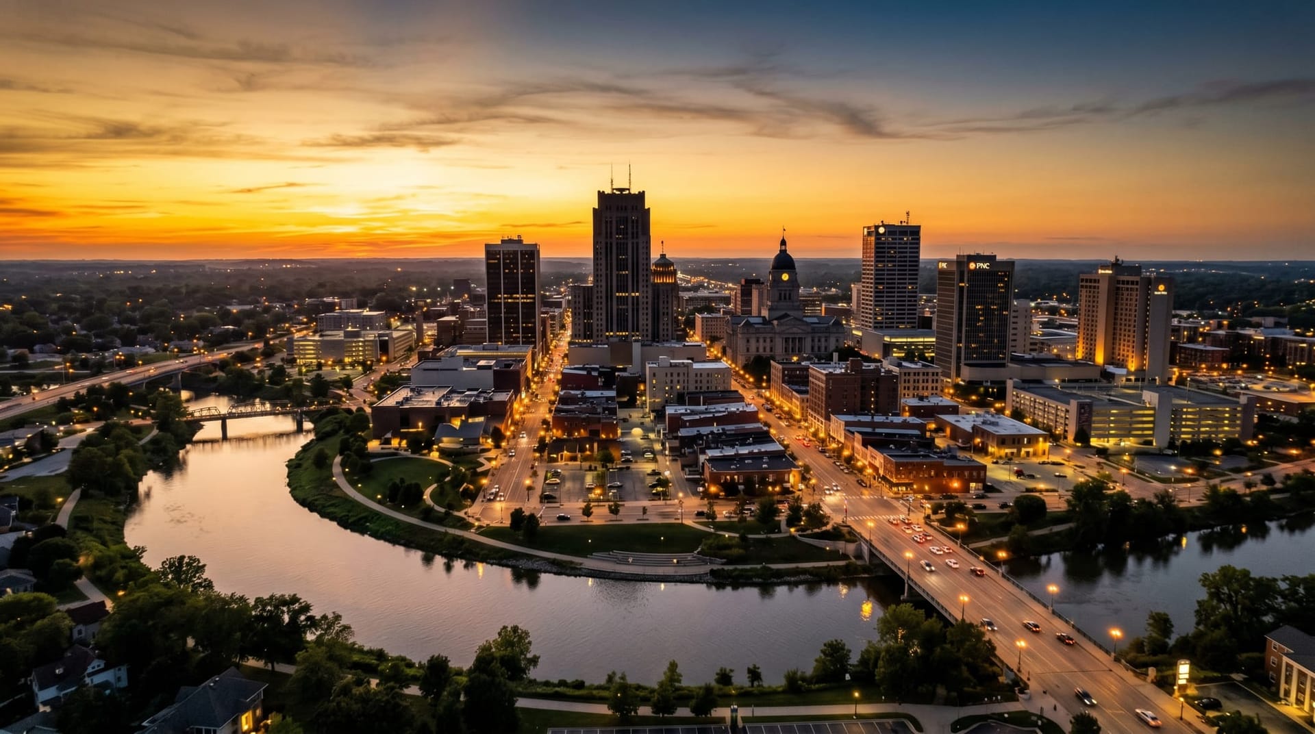 Aerial photograph of downtown Fort Wayne, Indiana at golden hour with the Lincoln Tower and Allen County Courthouse silhouetted against warm sky, representing Northeast Indiana service businesses deploying AI phone agents.