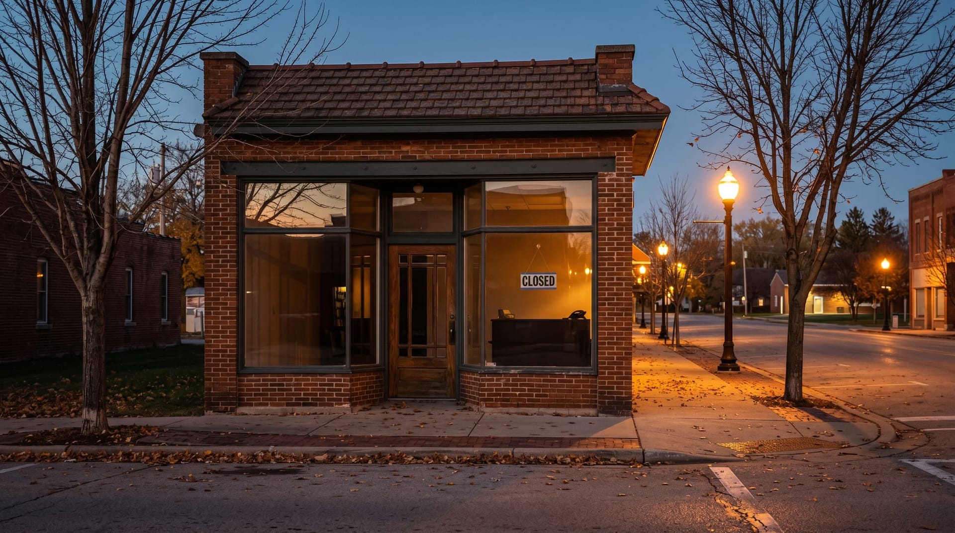 Small-business storefront at dusk in a walkable Northeast Indiana downtown with warm interior light, closed sign visible but phone forwarding active, representing a 24/7 AI phone agent catching after-hours calls.