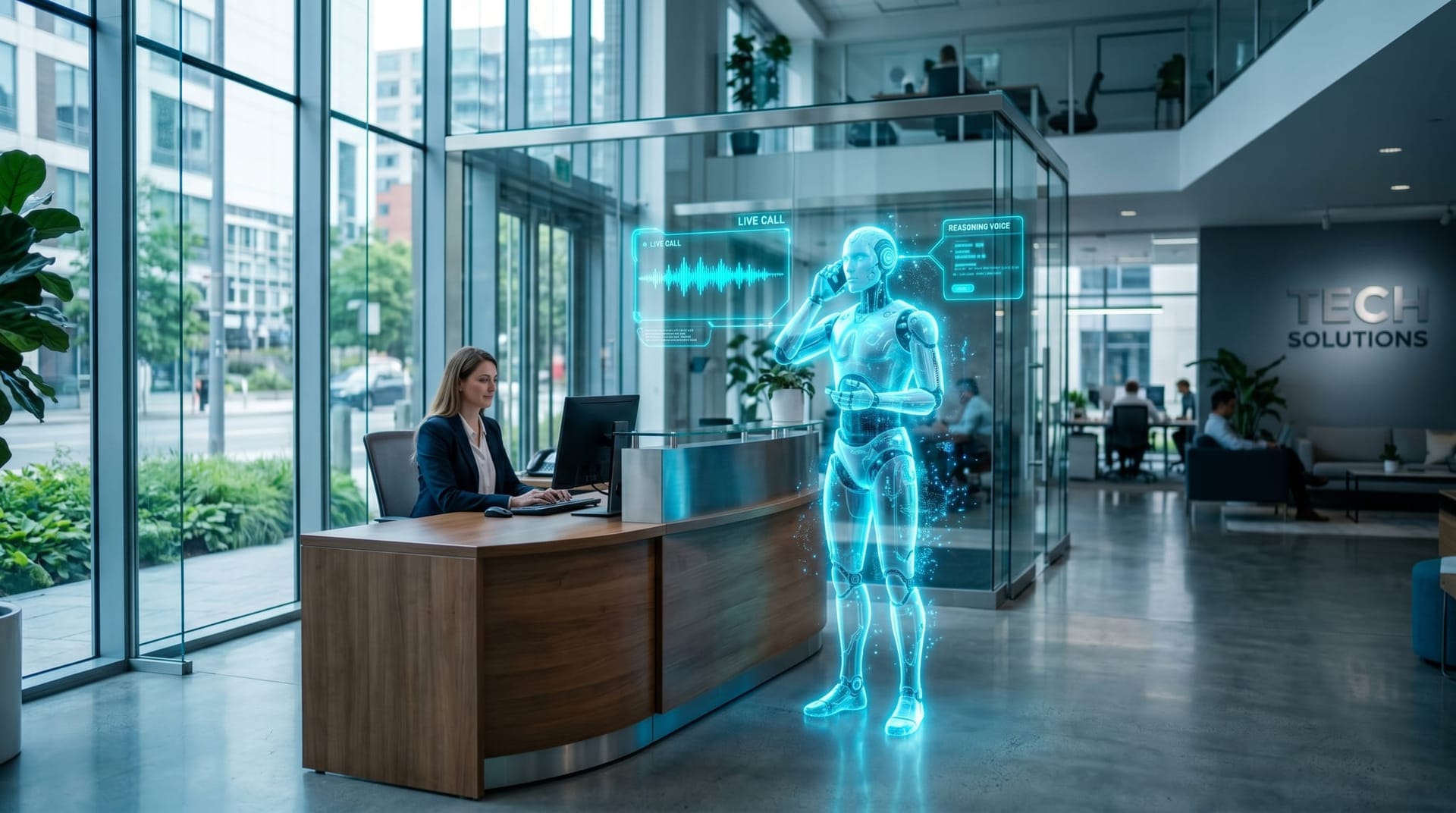 A Fort Wayne service business front desk where a translucent cyan holographic AI phone agent handles a live call on a glowing call-flow dashboard