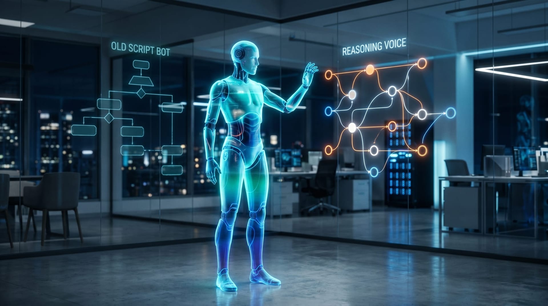 A holographic comparison of a rigid script tree versus a flowing reasoning voice path rendered in cyan beside an AI Employee avatar