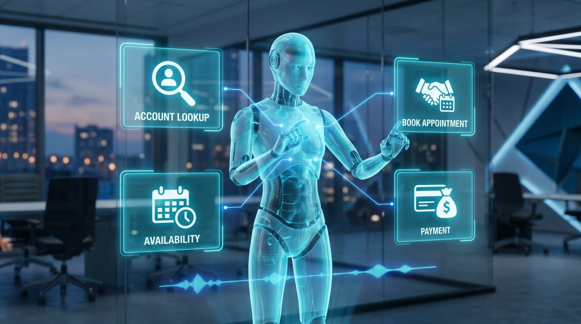 An AI Employee avatar orchestrating parallel mid-call tool calls to scheduling, CRM, and payment systems shown as floating cyan panels