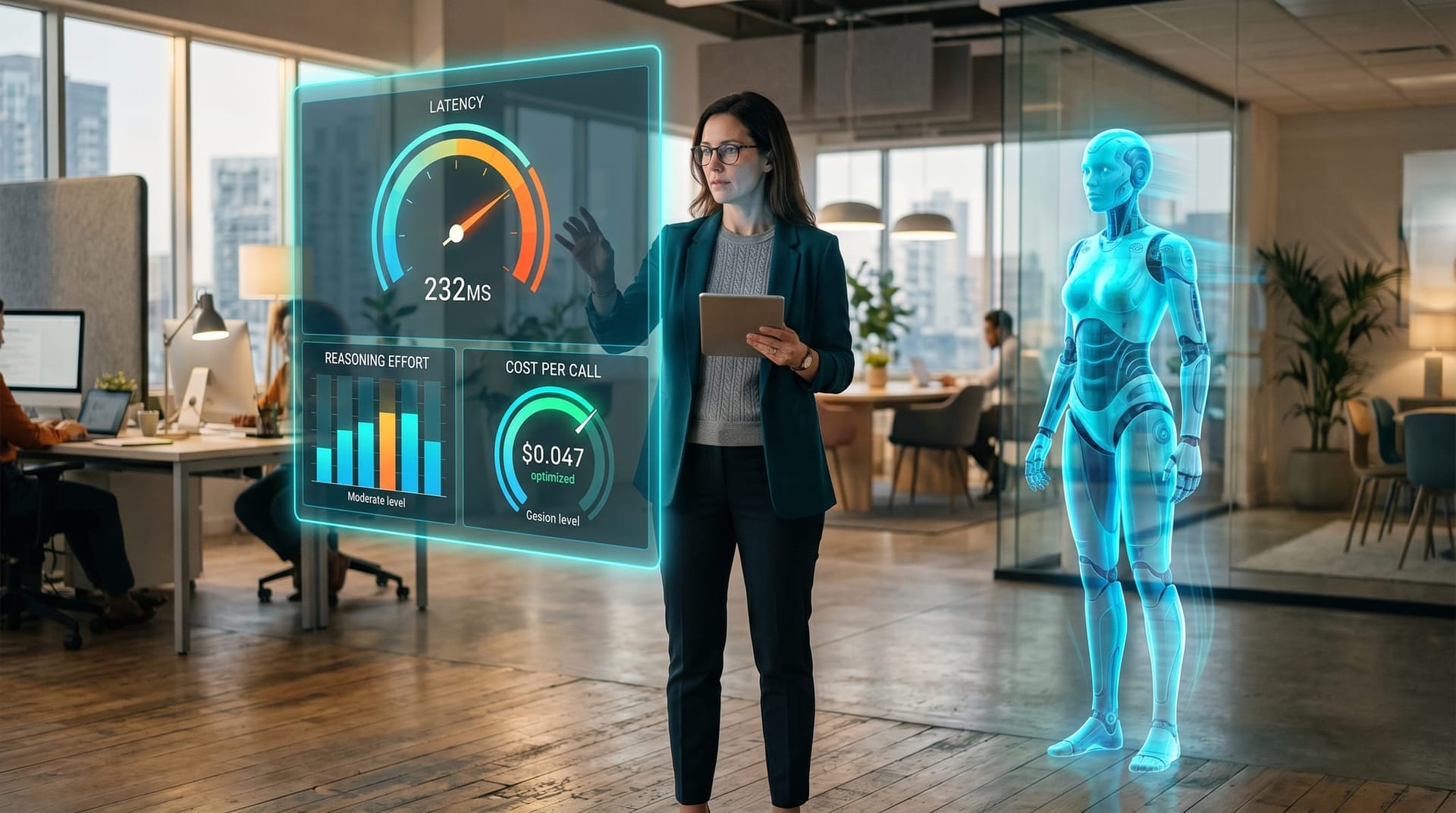 A small business owner reviews a holographic cost and latency dashboard for an AI voice agent with a translucent cyan AI avatar nearby